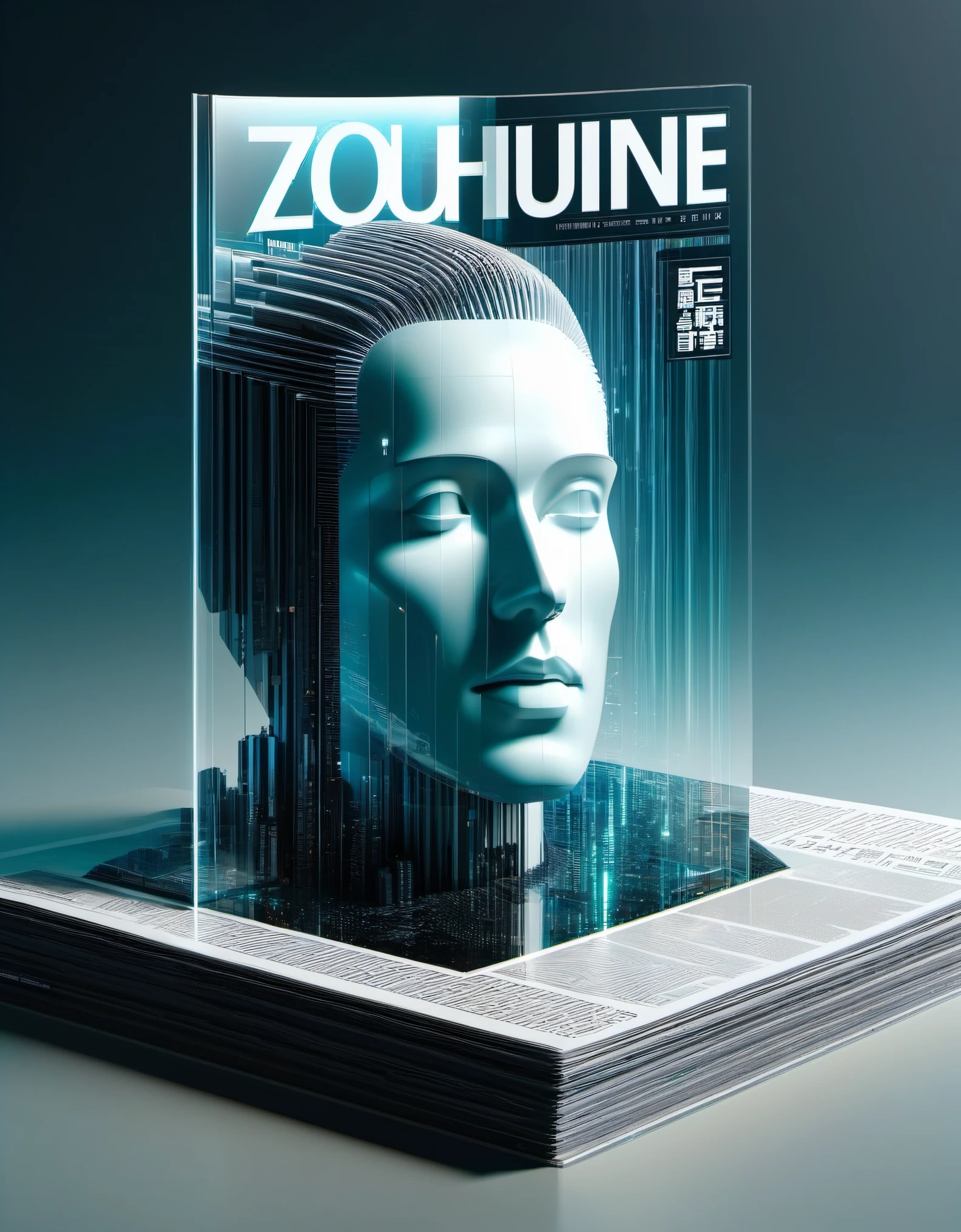 Transparent three-dimensional future magazine design，（A lot of text floating on the cover：0.85）Photography, macro photography, glass newspaper cover magazines stand with a 3D three-dimensional man,A waterfall of words flashed from his mouth，文字 flat black and white newspaper text, depth of field, DSLR, complex details, studio lighting, 8k, HD, futuristic science fiction magazines, screen magazines, cyberpunk art, 3D book art, background: a table in the futuristic science fiction world