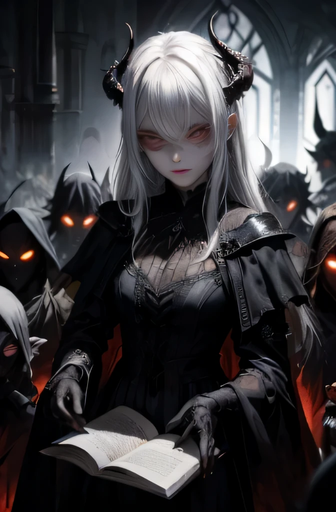 uma mulher com um vestido preto com chifres e olhos vermelhos segurando um livro, demon anime girl, gothic maiden anime girl, com olhos vermelhos brilhantes, arte de estilo fantasia sombria, arte de fantasia sombria, dos arknights, arte de fantasia sombriawork, personagem bruxa negra, com olhos vermelhos brilhantes, rainha do submundo, numerosos olhos vagamente brilhantes, gothic fantasy art