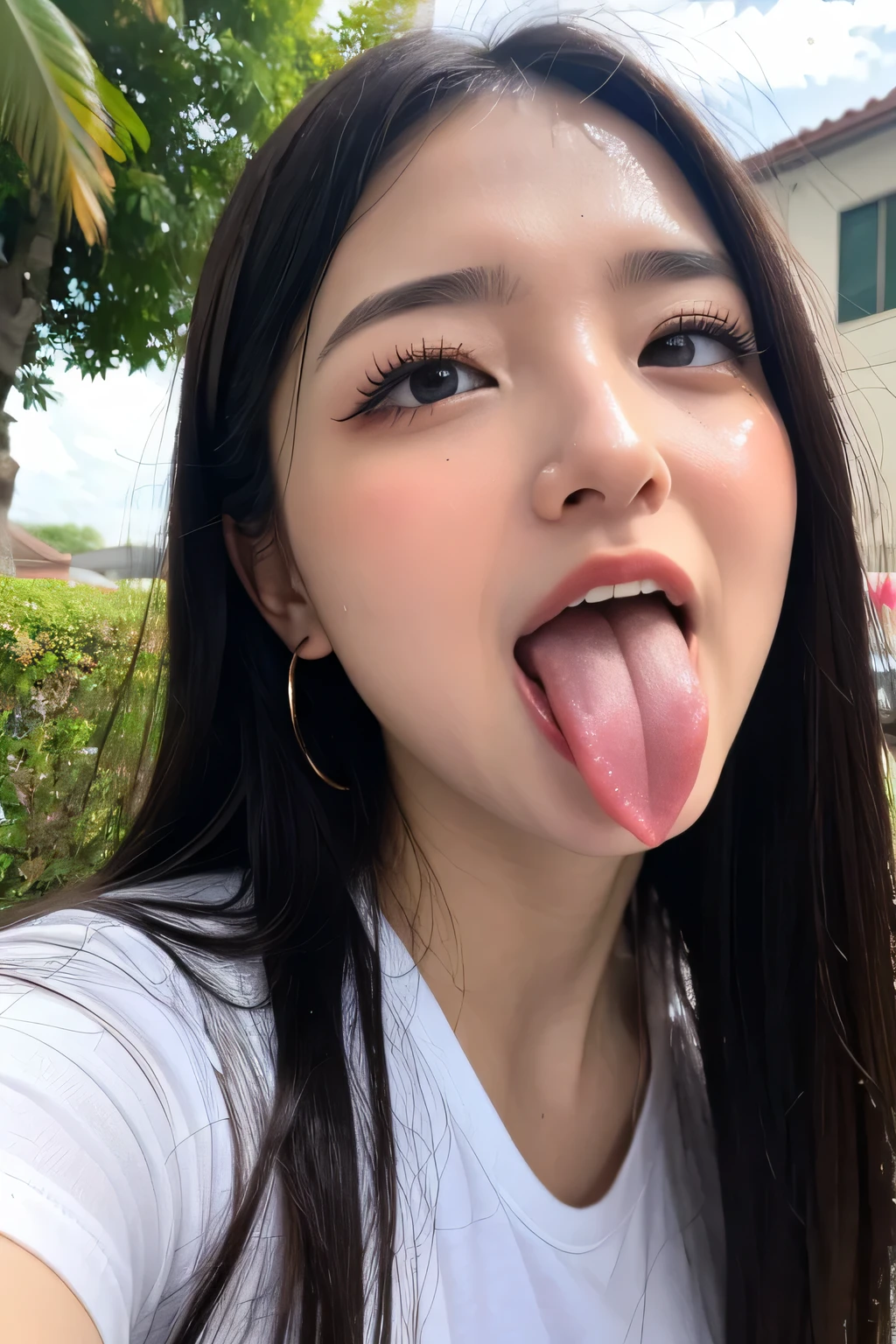 table top,,Awards - Award-winning photos, very detailed, close up of face、focus the eyes clearly, nose and mouth,face focus, woman with open mouth and closed eyes, face focusの接写、35 years old,black haired、symmetrical face,realistic nostrils、angle from below、elongated C-shaped nostrils、sweaty skin、Skin shiny with sweatを強調する照明、((sharp nose))Skin shiny with sweat、shiny skin、Big eyes、double eyelid、(My tongue is wet and shiny) ((wet tongue)) ((Berokisu))garden,In front of mimosa flowers,