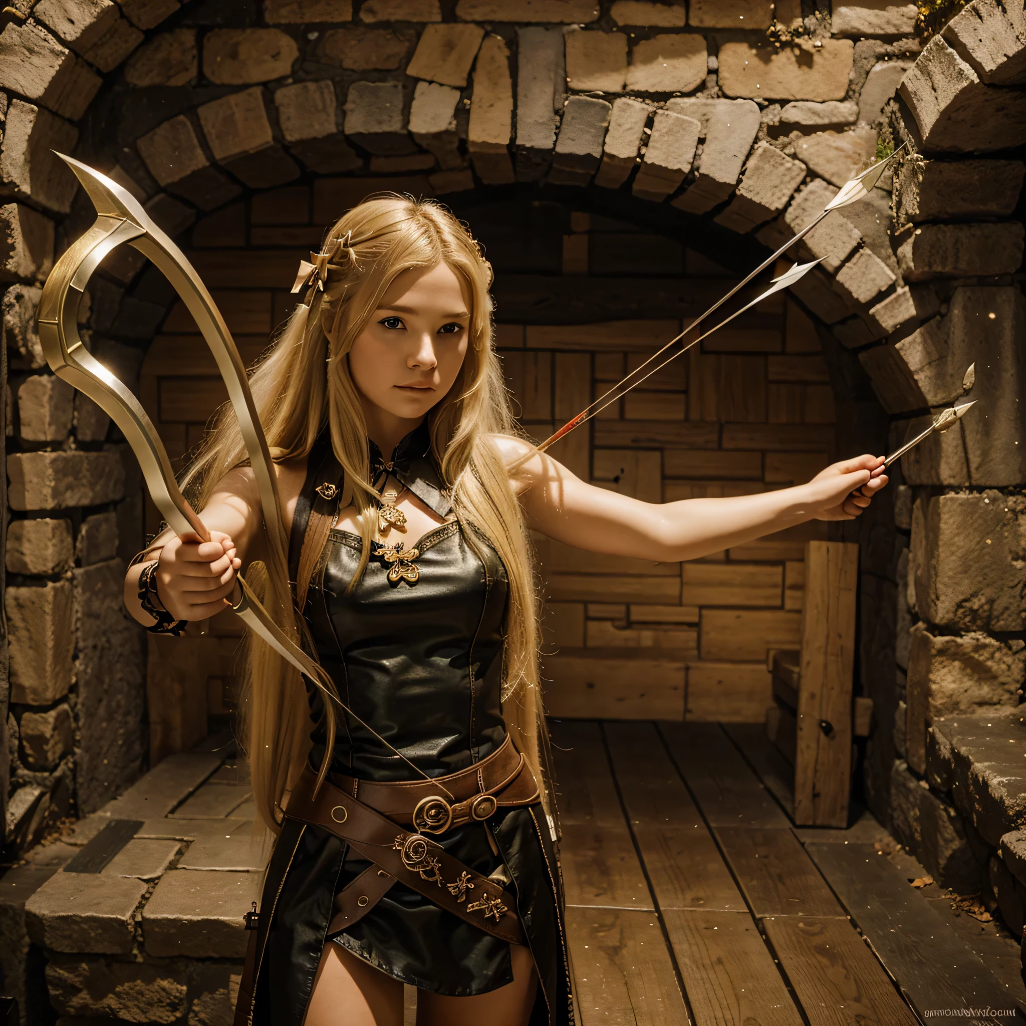 fantasy style picture, 15 year girl, long blonde hair, with a bow and arrow in her hand, getting ready to fight a dragon. 