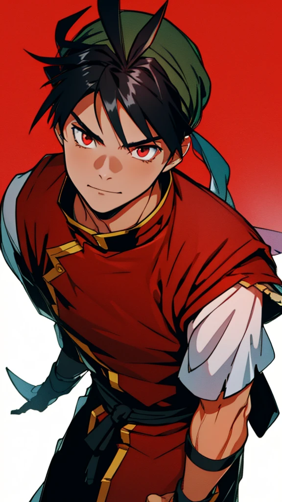 (high-quality, breathtaking),(expressive eyes, perfect face) 1boy, male, solo, young adult, medium hair length, spiky hair, soft wave, black hair color, red highlights in hair, deep red eye color, background, calm expression, mature, kind expression, haunting red background, slightly narrow eyes, detailed eyes, masterpiece, anime screencap, bandana, chinese clothes, red shirt, white sleeves, yellow pants, cowboy shot
