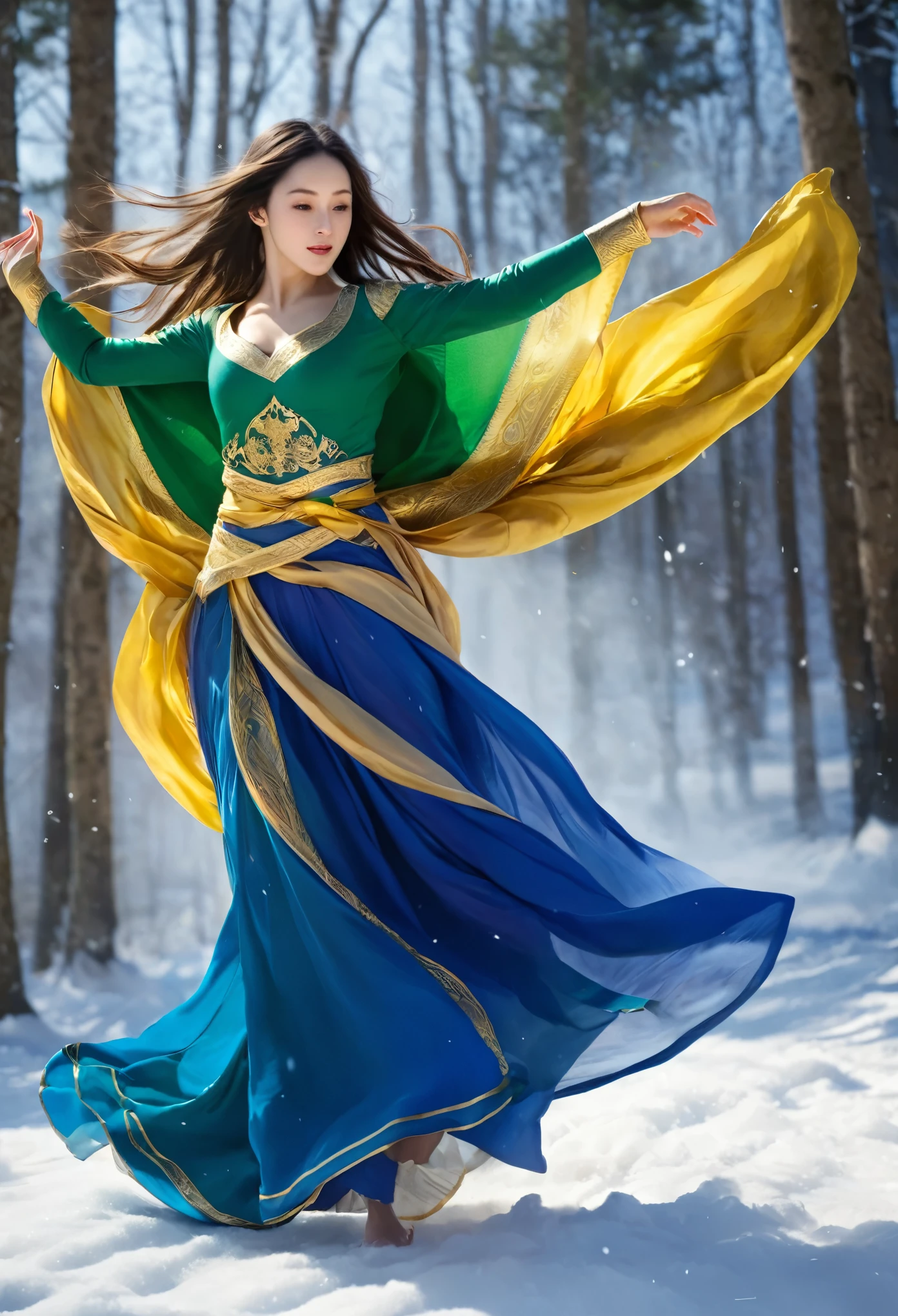 Masterpiece, best quality, realistic, (1 girl: 1.3), blue gold white clothes, shawl long hair, jump, leap, dance, green gold white clothes, long skirt, long scarf, flowing, light armor, snow white skin, bare shoulders, full body, (from below:1.5), martial arts, dynamics, flames, particles