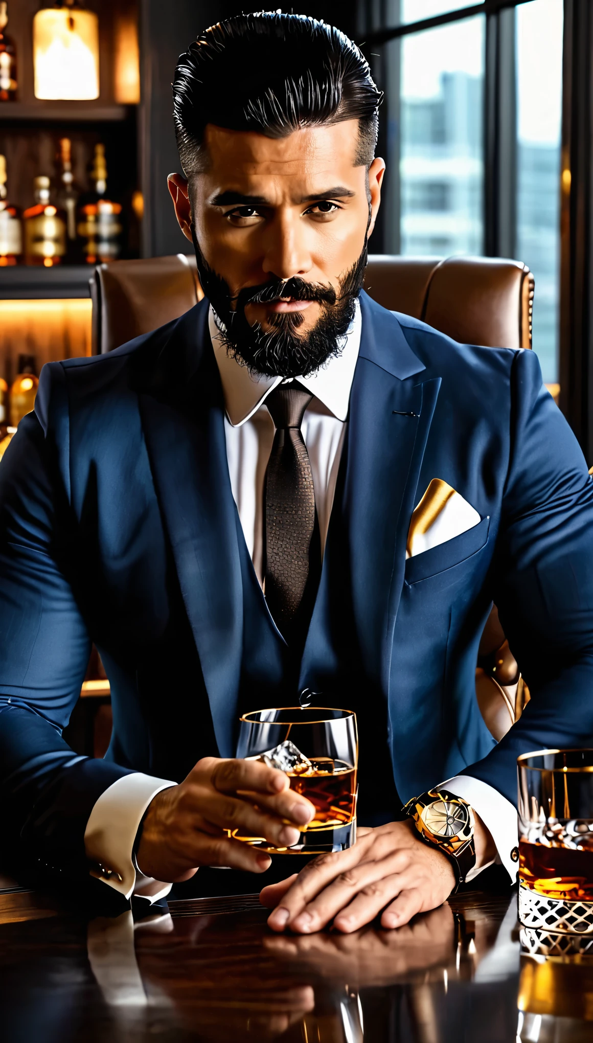 Create a man, working, drinking a glass of whiskey, black hair, white man, his luxury office, man in suit, beard made, gold watch, dark eyes, strong physique, high quality, 4K, 8K
