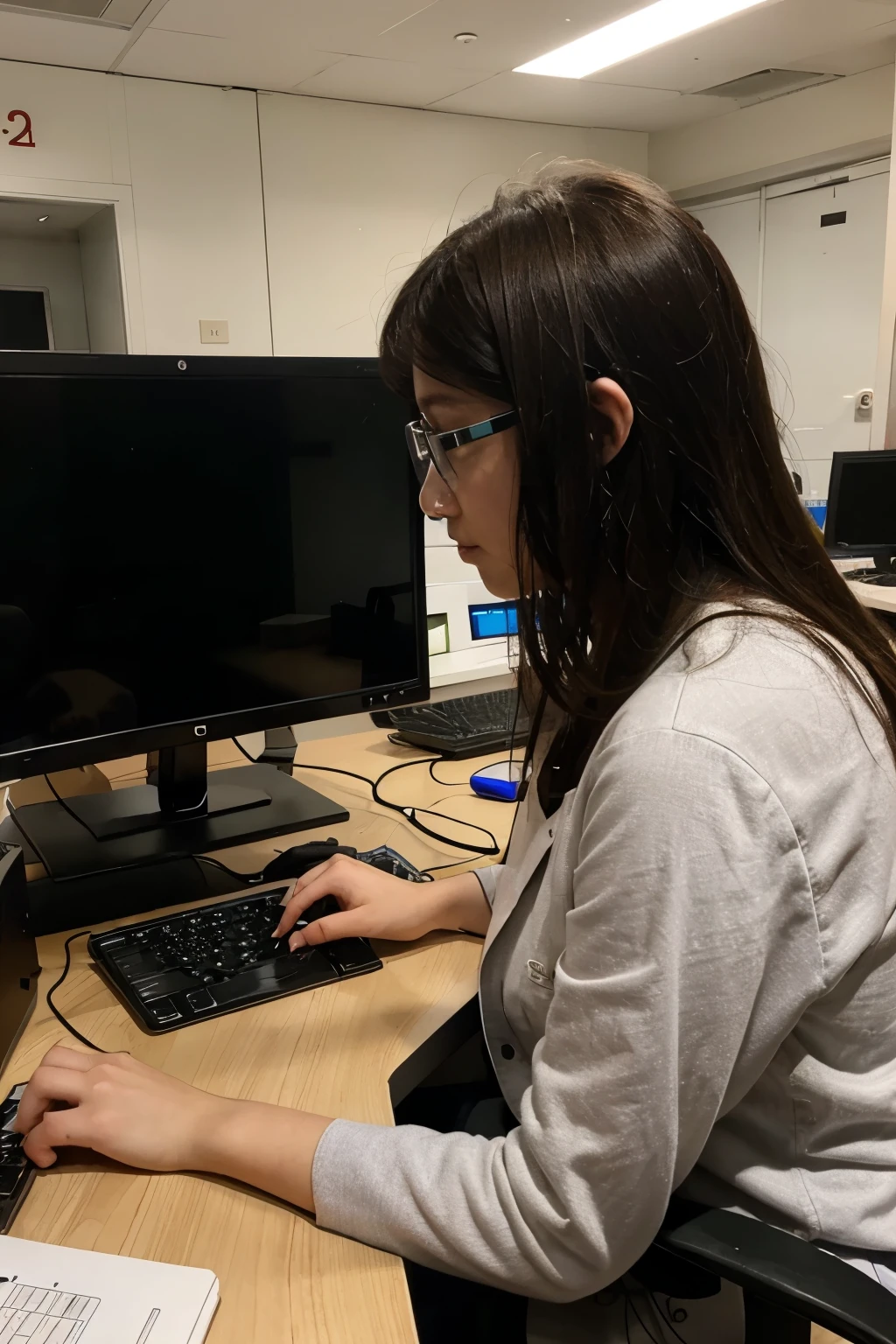 (Japanese girl concentrating on her work、Staring at the monitor、Working on a computer、Japan Office)、(Realistic、Like a photograph、Live Action、8K, Realistic, RAW Photos, Best image quality: 1.4), Single-lens reflex camera、RAW Photos, Highest quality, Realistic, Very detailed CG Unity 8k wallpaper, Written boundary depth, Cinematic Light, Lens flare, Ray Tracing, Realistic background、(Wear glasses、tight turtleneck long sleeve knit:1.4、Long skirt:1.1、Big Breasts)、((ultra high density skin))、 Cute Japanese Woman、((whole body:1.5),short hair:1.2、Short Ponytail、tie your hair with a hair clip、I like that style、stylish、Very detailed、Pay attention to the details、Perfect outfit、(Sunburned skin)、Side view