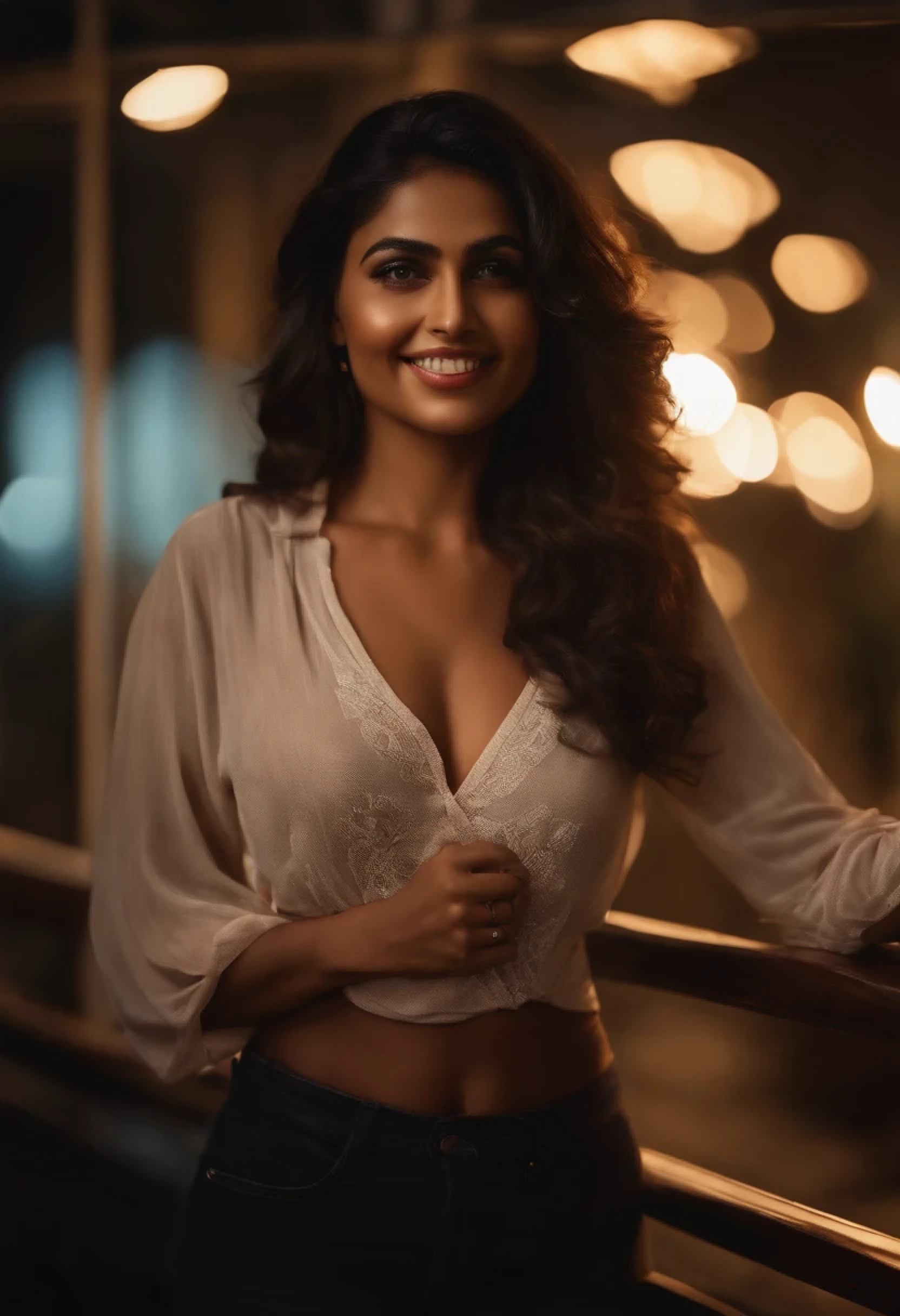 natural skin texture, hyperrealism, lighting, sharp), realistic, best quality, 8k uhd, dslr, soft lighting, high quality, film grain, raytracing, detailed face, extremely detailed CG unity 8k wallpaper, 1girl, mature indian female, (smile:0.5), big breasts, standing in balcony wearing tight transparent shirt.