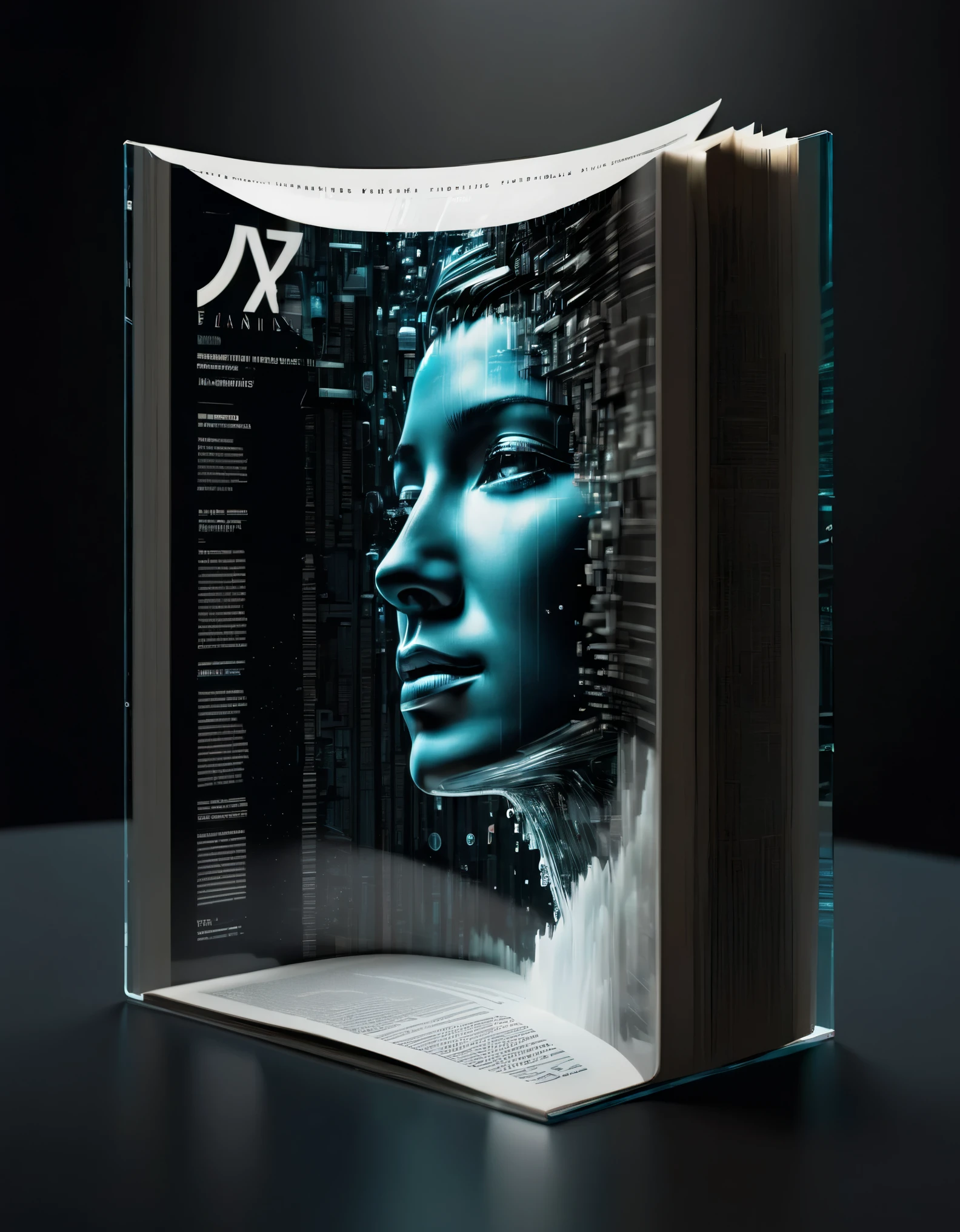 Transparent three-dimensional future magazine design，（A lot of text floating on the cover：0.85）Photography, macro photography, glass newspaper cover magazines stand with a 3D three-dimensional man,A waterfall of words flashed from his mouth，文字 flat black and white newspaper text, depth of field, DSLR, complex details, studio lighting, 8k, HD, futuristic science fiction magazines, screen magazines, cyberpunk art, 3D book art, background: a table in the futuristic science fiction world