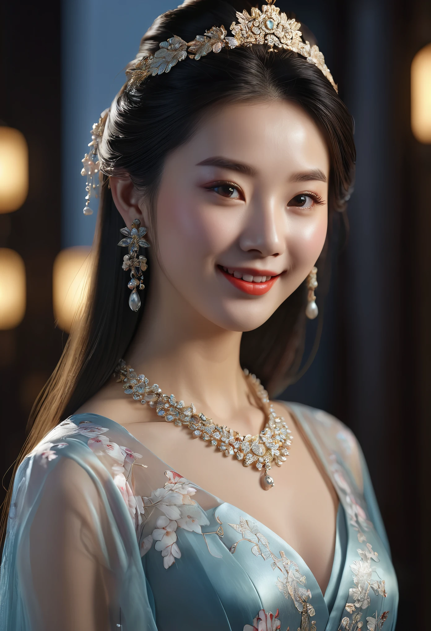 best quality, masterpiece, highres, 1girl, transparent silk china dress, beautiful face, hair ornament, looking at viewer, smile, closed mouth,lips, dress,hair ornament, necklace, jewelry, long hair, earrings, Beautiful face,upon_body, tyndall effect,photorealistic, dark studio, rim lighting, two tone lighting,(high detailed skin:1.2), 8k uhd, dslr, soft lighting, high quality, volumetric lighting, candid, Photograph, high resolution, 4k, 8k, Bokeh