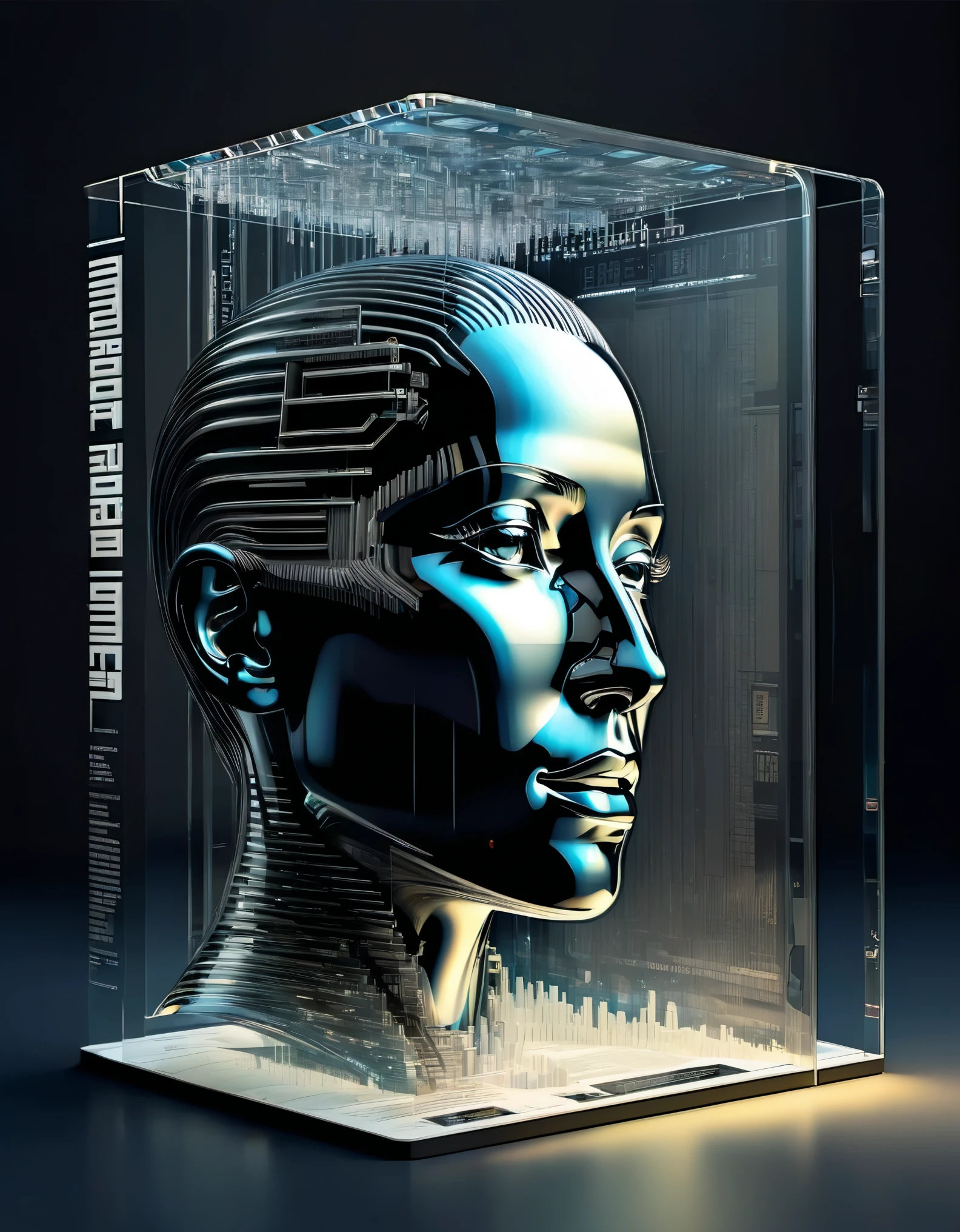 Transparent three-dimensional future magazine design,(A lot of text floating on the cover:0.85)Photography, macro photography, glass newspaper cover magazines stand with a 3D three-dimensional man,A waterfall of words flashed from his mouth,文字 flat black and white newspaper text, depth of field, DSLR, complex details, studio lighting, 8k, HD, futuristic science fiction magazines, screen magazines, cyberpunk art, 3D book art, background: a table in the futuristic science fiction world