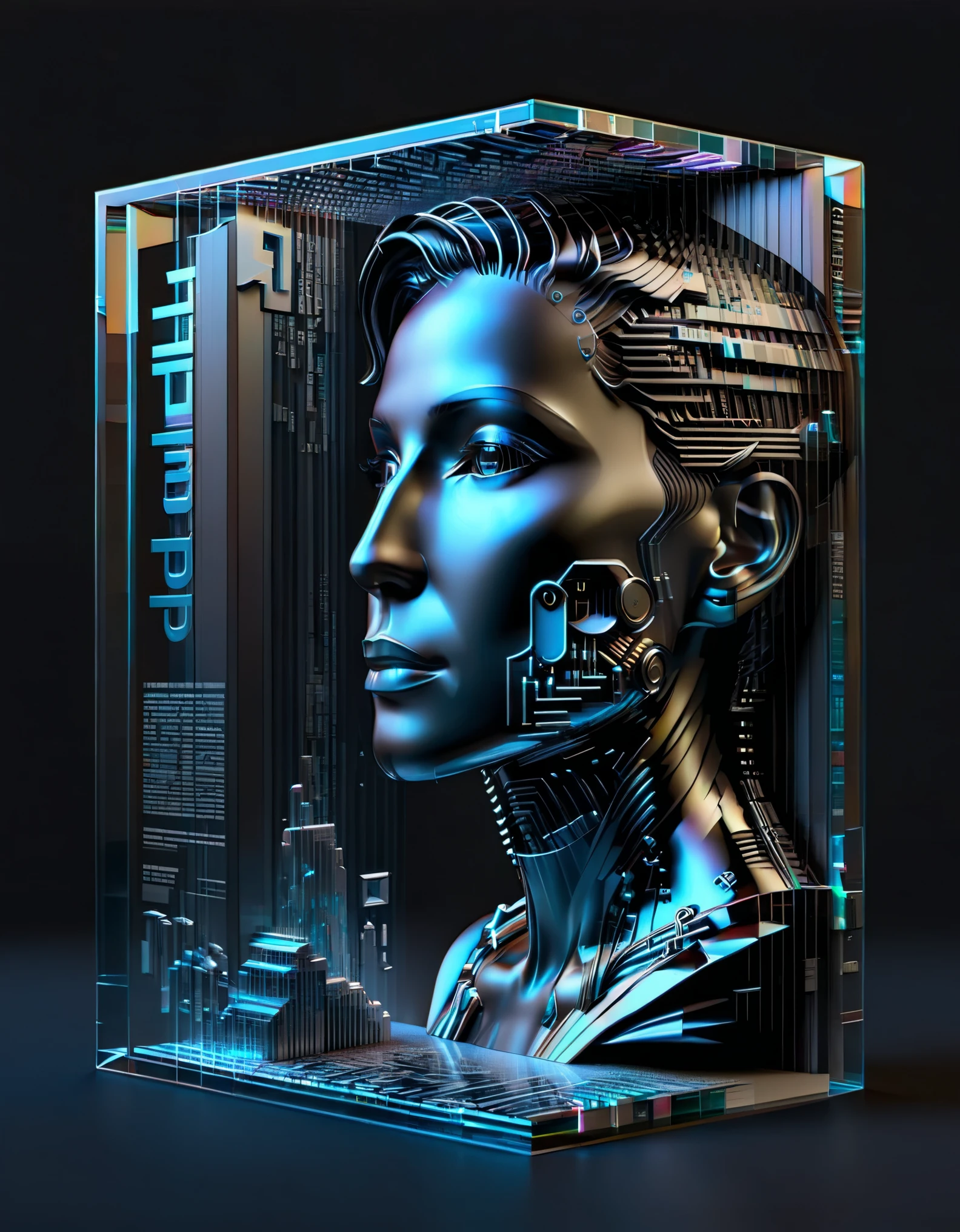 Transparent three-dimensional future magazine design，Photography, macro photography, glass newspaper cover magazines stand with a 3D three-dimensional man,A waterfall of words flashed from his mouth，文字 flat black and white newspaper text, depth of field, DSLR, complex details, studio lighting, 8k, HD, futuristic science fiction magazines, screen magazines, cyberpunk art, 3D book art, background futuristic science fiction world，in style of catalog page design, a dress， full body, beautiful detailed