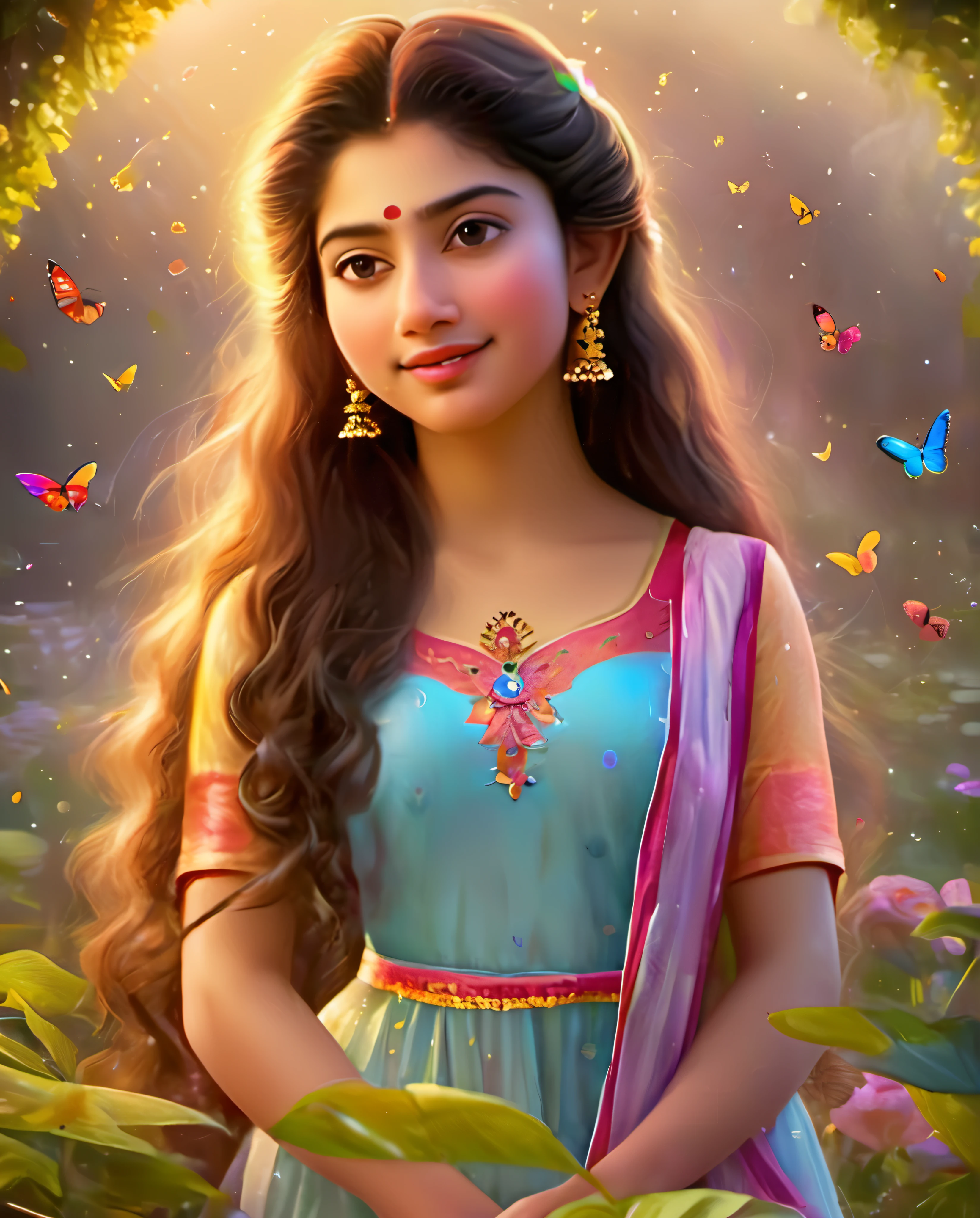 Looks like Sai Pallavi, 1girl, solo, full body, (masterpiece:1.21), (best quality:1.2), colorful, (illustration:1.2), (cinematic lighting:1.1), (bare shoulders:1.21), (collarbone:1.21)
In this whimsical and fantastical garden, the scene is illuminated by a rainbow of (colorful fireflies), dancing and fluttering in the air. The garden is decorated by a gentle (drizzle), creating a misty and ethereal atmosphere. In the center of the scene, there is a single girl, an extremely delicate and beautiful girl, with cute features and an innocent expression. Her long hair is flowing with the wind. She is wearing no shoulder straps dress, which is ultra low cut, highlighting her delicate curves.

The lighting is very delicate and beautiful, creating a soft and warm glow that highlights the water, making it sparkle like diamonds. The finest grass is also illuminated, creating a lush and verdant carpet. The garden is surrounded by colorful flower fields, with blooms of every color and shape. (Colorful butterflies), of every shade and size, can be seen fluttering around the scene, adding to the overall sense of wonder and magic. (look ai viewer),A blush can be seen on her nose, and her mouth is slightly open, adding to the overall sense of innocence and youthfulness. Falling petals can be seen floating around her, adding to the overall sense of romance and beauty. A gentle wind is blowing through the scene, making the leaves rustle and the flowers sway, adding to the overall sense of movement and life. This is a scene of pure wonder and magic, filled with color and beauty, where the viewer can lose themselves in the enchanting and captivating world.