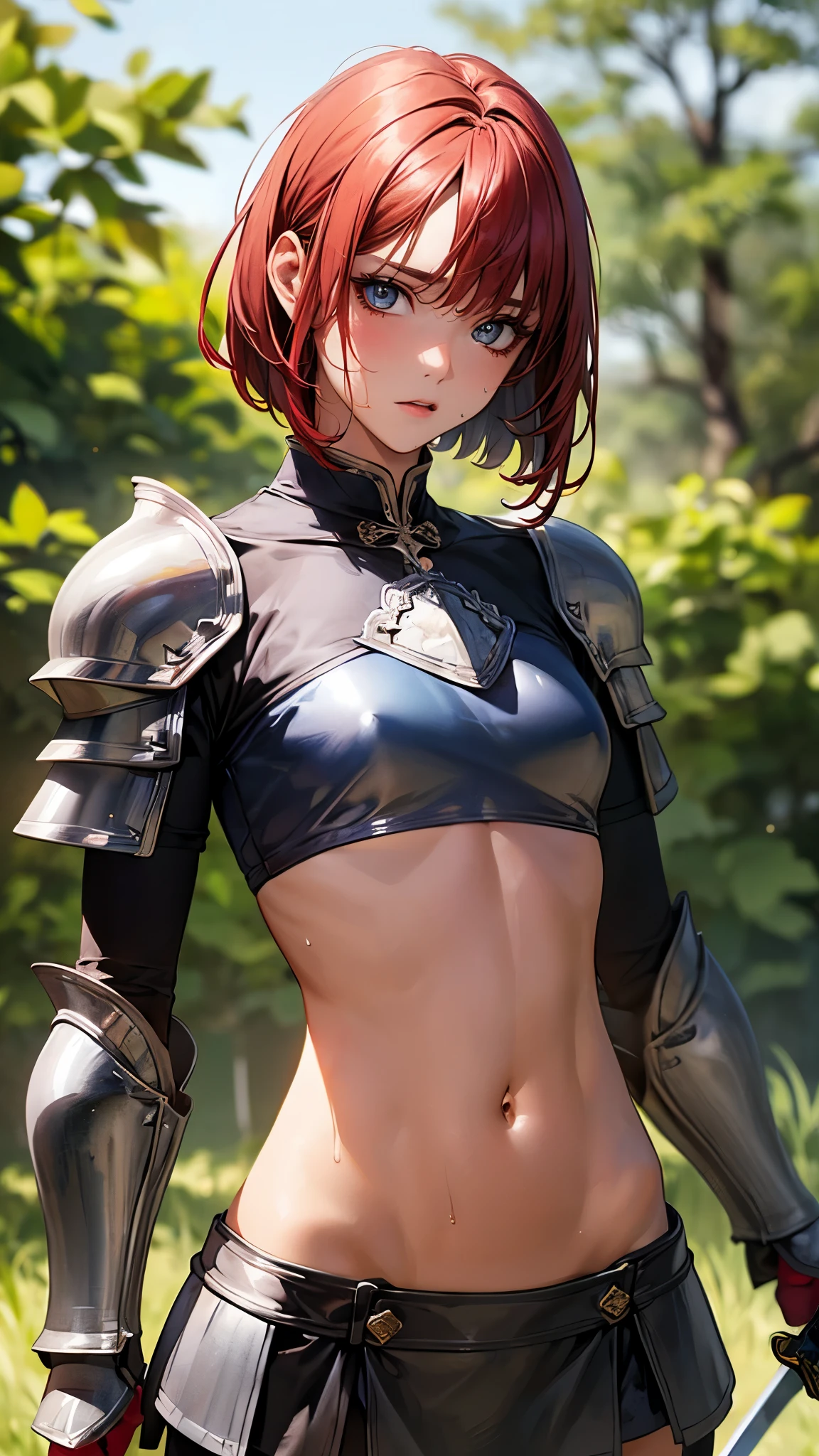 ((perfect anatomy:1.2,realistic,:1.3,RAW Photography:1.3,masterpiece、highest quality、Ultra - High resolution、High resolution、Highly detailed CG、8K)),nsfw,upper body,1 female,alone,20-year-old,beauty of japan,beautiful detailed face and eyes,big and gorgeous eyes,gray eyes,(red hair,short bob hair,bangs), (slender body,small head:1.4, skinny、small breasts), glowing skin,oily skin,sweat,(fantasy clothing,silver armor,crop top,navel、Black micro mini skirt,female knight)、((hold a sword in hand:1.3,fight with sword)),action pose,fantasy,world of swords and magic、grassland、Wars of the Middle Ages、A large number of knights are fighting in the background、medieval europe、natural sunlight、