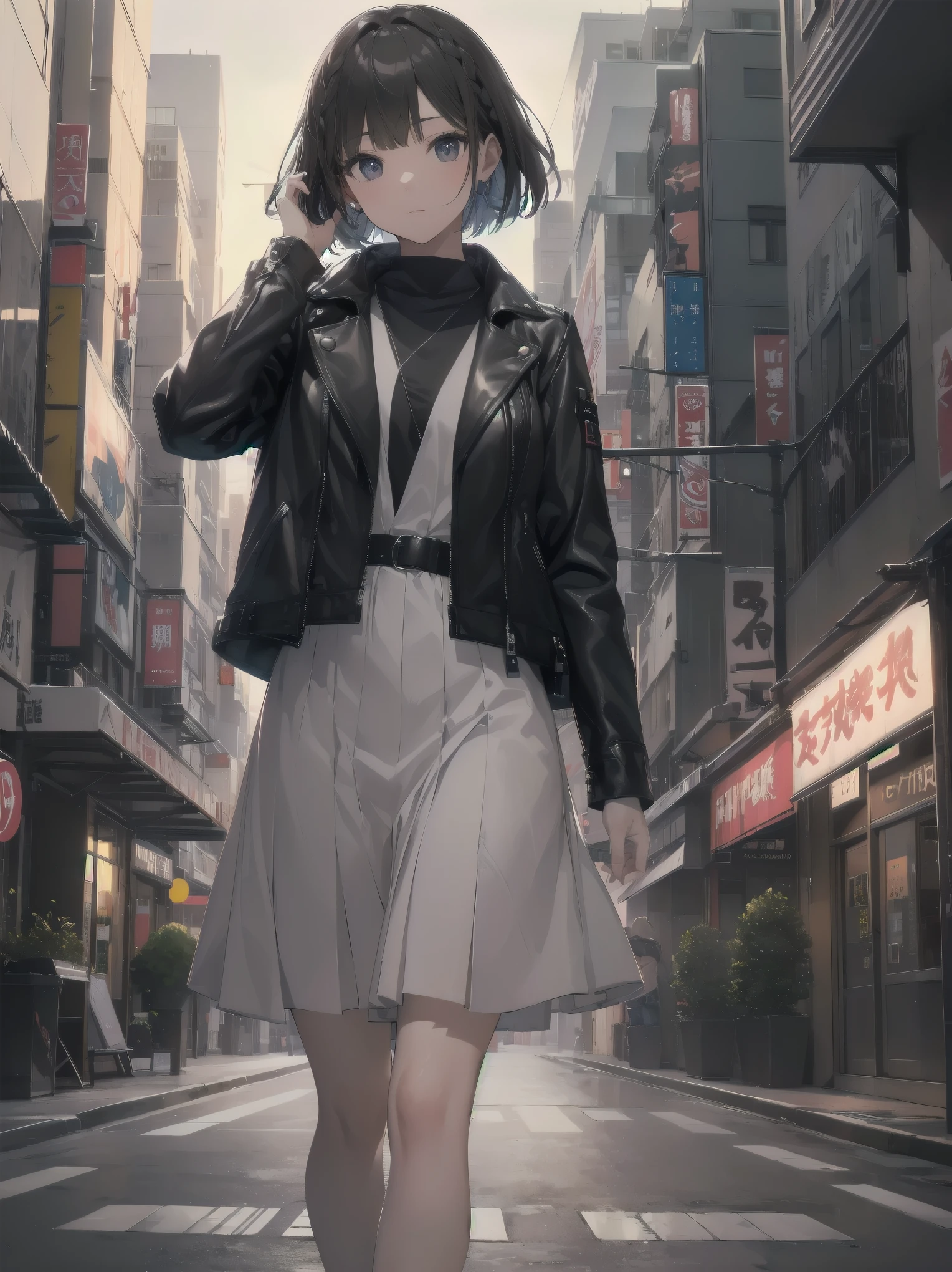 (((city:1.3, outdoor, Photographed from the front))), ((bob cut、braid、ribbon:1.3, leather jacket,brand clothes, japanese woman, cute)), (clean, natural makeup), (highest quality, masterpiece:1.3, 超High resolution), (Super detailed, caustics), (realistic:1.4, RAW shooting), very detailed, High resolution, 16K resolution