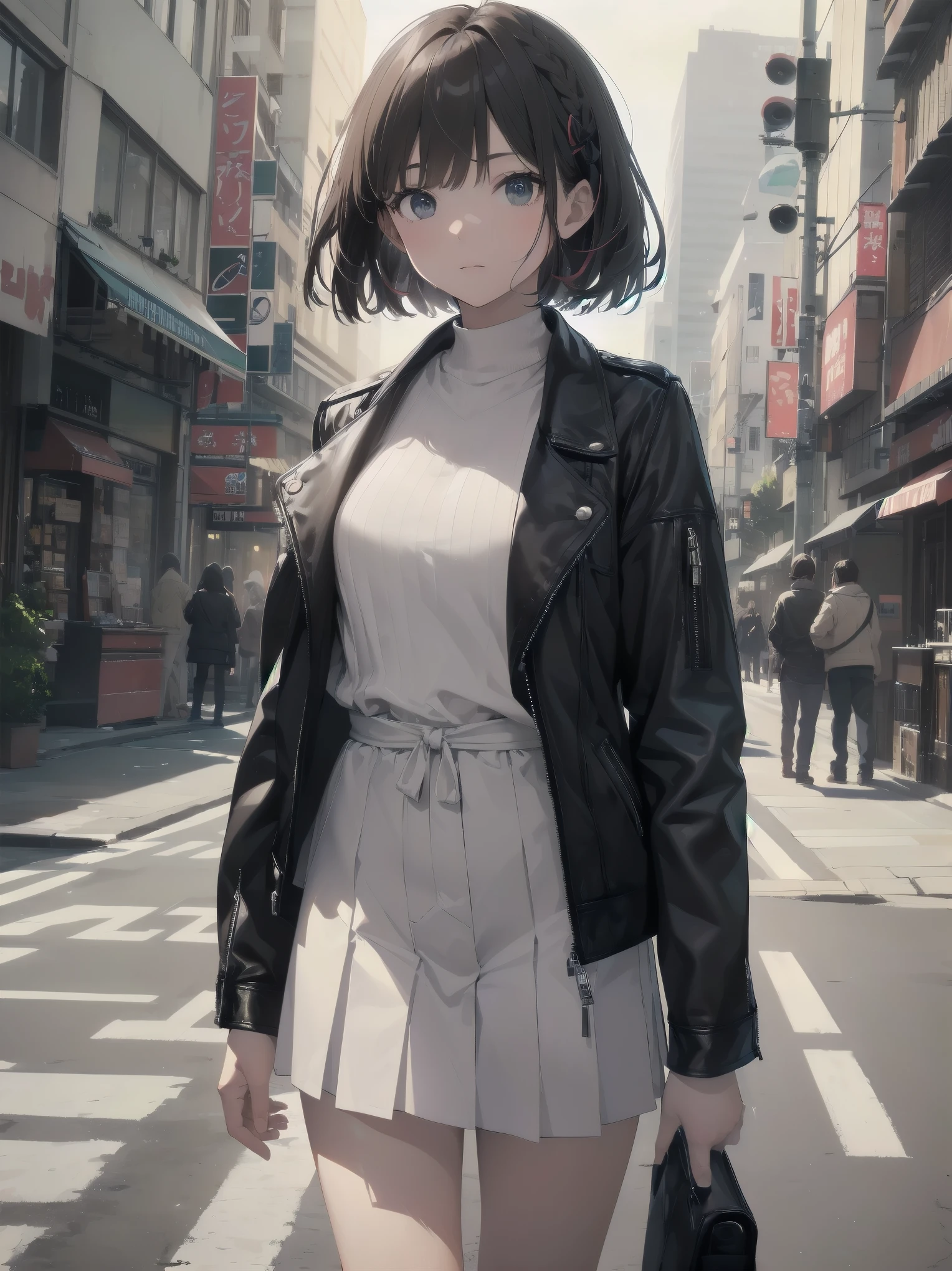 (((city:1.3, outdoor, Photographed from the front))), ((bob cut、braid、ribbon:1.3, leather jacket,brand clothes, japanese woman, cute)), (clean, natural makeup), (highest quality, masterpiece:1.3, 超High resolution), (Super detailed, caustics), (realistic:1.4, RAW shooting), very detailed, High resolution, 16K resolution