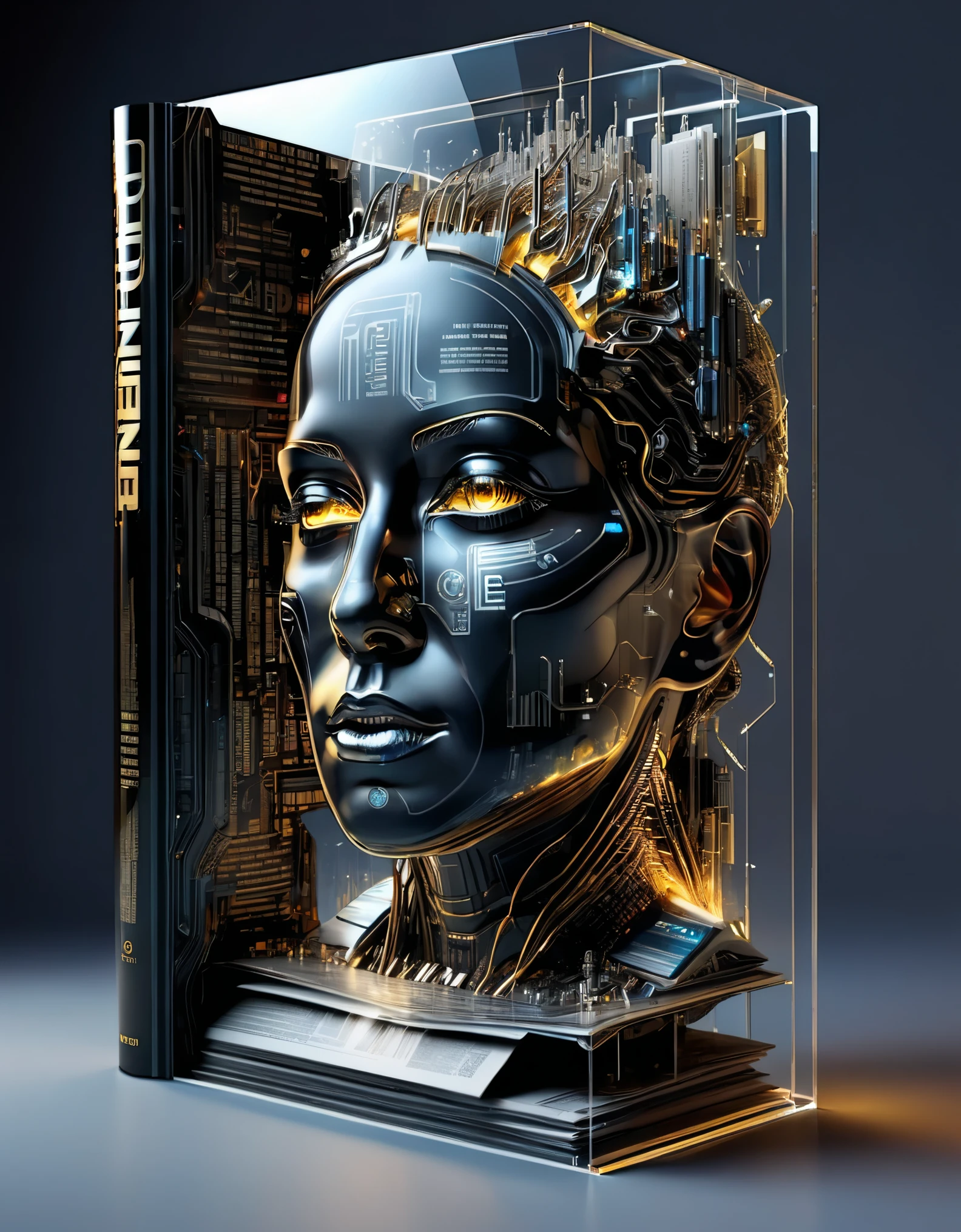 Transparent three-dimensional future magazine design,(A lot of text floating on the cover:0.85)Photography, macro photography, glass newspaper cover magazines stand with a 3D three-dimensional man,A waterfall of words flashed from his mouth,文字 flat black and white newspaper text, depth of field, DSLR, complex details, studio lighting, 8k, HD, futuristic science fiction magazines, screen magazines, cyberpunk art, 3D book art, background: a table in the futuristic science fiction world
