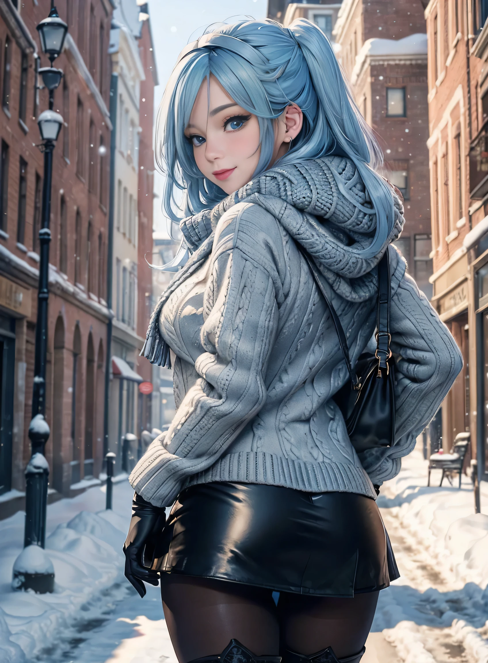 Masterpiece, raw, beautiful art, professional artist, 8k, art style by sciamano240, very detailed face, very detailed hair, 1 woman, perfectly drawn body, beautiful face, long hair, light blue hair , very detailed blue eyes , rosey cheeks, intricate details in eyes, playful smile, looking directly at viewer , in love with viewer expression, lipstick, wearing cute winter clothes, winter coat, gloves, sweater, scarf, short pencil skirt, thigh boots, pantyhose ,sunny winter day, walking, pov with viewer, very close up on face, rear view