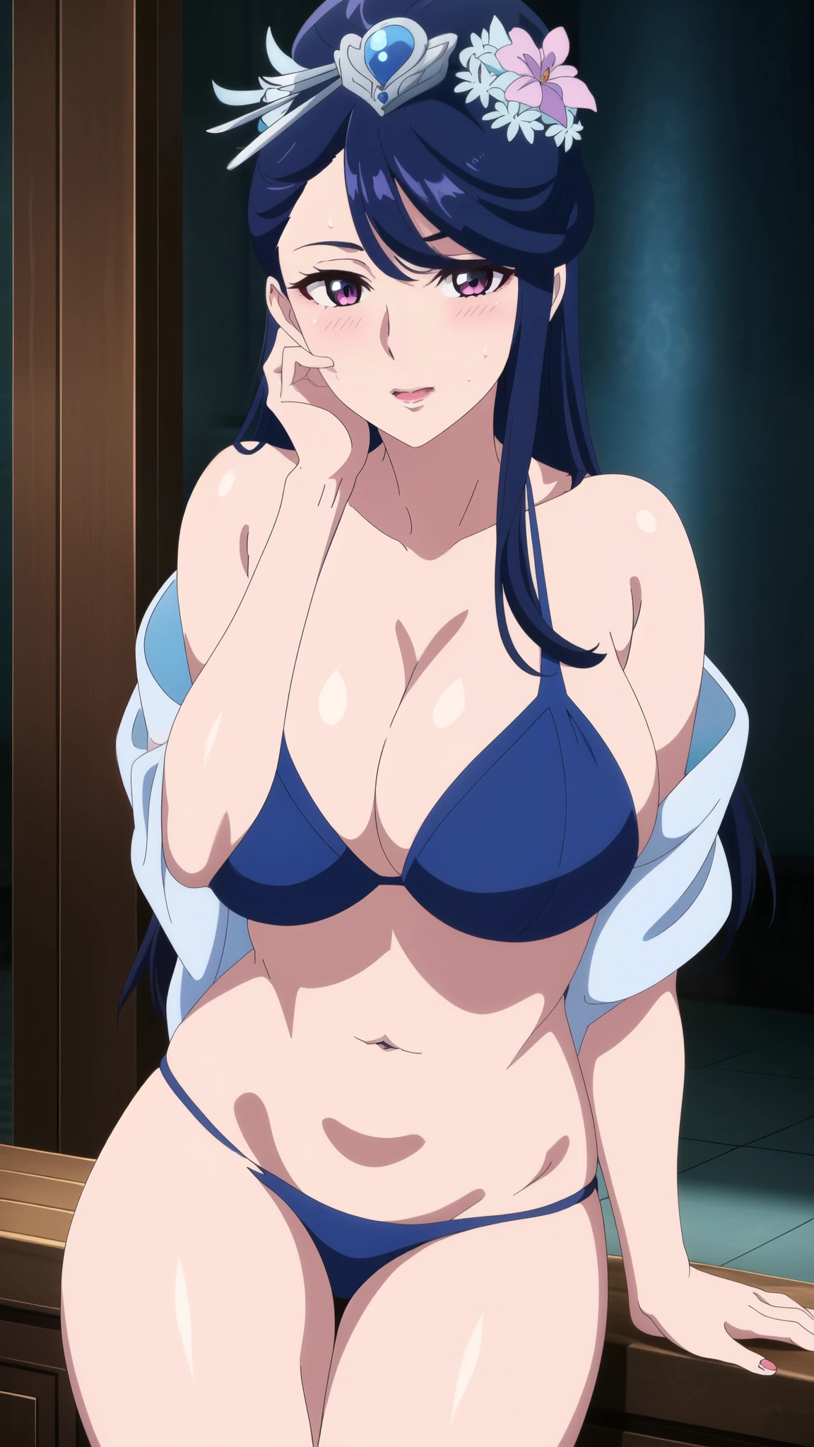 MASTER PIECE, 1girl, solo, long hair, looking at viewer, blush, suspicious, open mouth,  lilac eyes, huge breasts, simple background, navel, cleavage, swimsuit, heart, bikini, blue hair, groin, black bikini, , hand on own face, railing, hand on own cheek,  (white skin, (fair skin), slender body, milf, perfect face), (legs, big breasts, off-shoulders, (detailed shoulders, detailed arm lines)), (bare shoulders, bare legs),