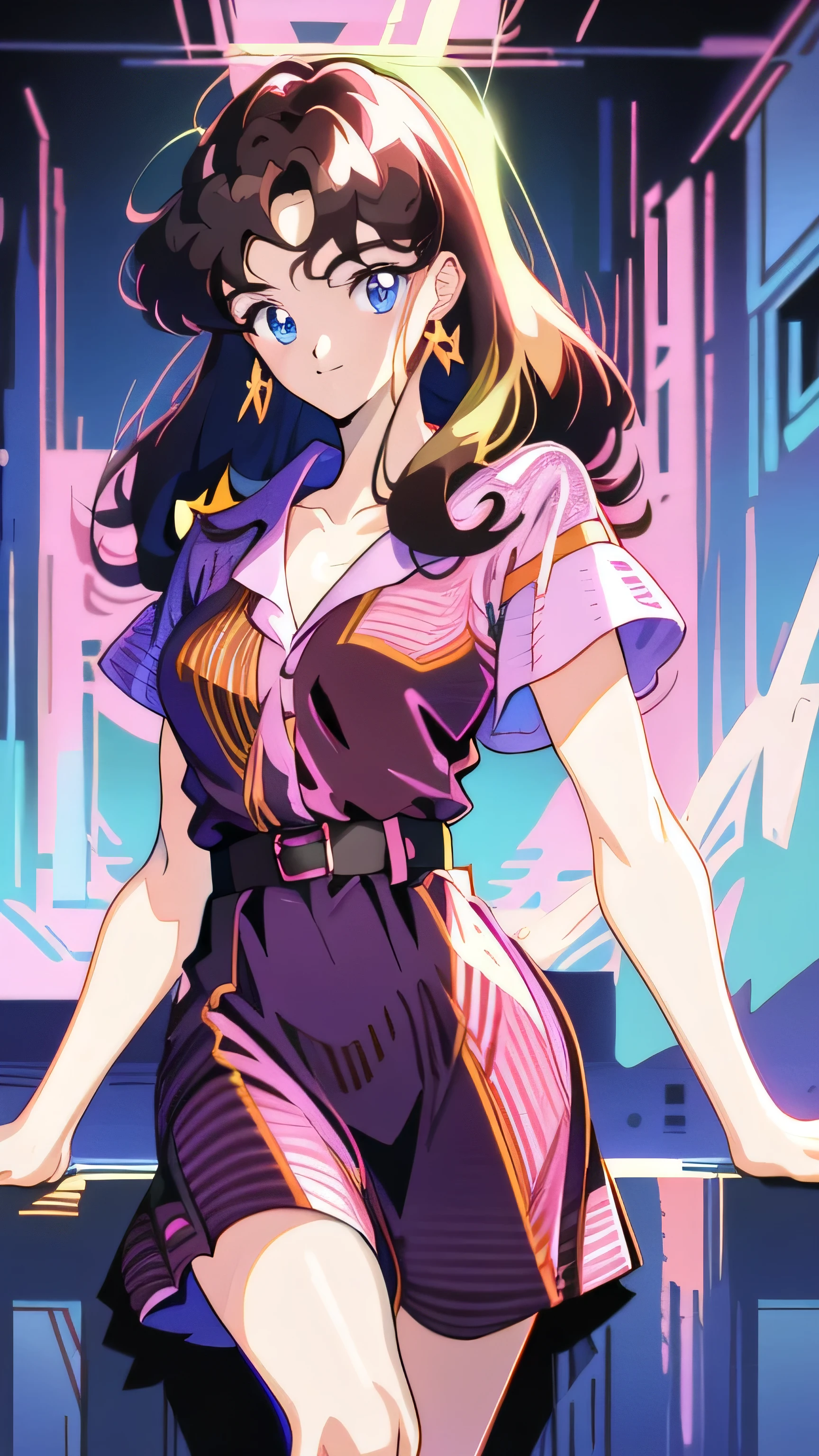 90's anime style，tmasterpiece，best qualityer，highest  quality，realisticlying，perfectanatomy，perfectface，Perfect eyes，Videldbspinkdress，1girll，solo，brunette color hair，shift dresses，eBlue eyes，shairband，cabelos preto e longos，Pink dress，blacksilk，red hairband，exteriors, ssmile