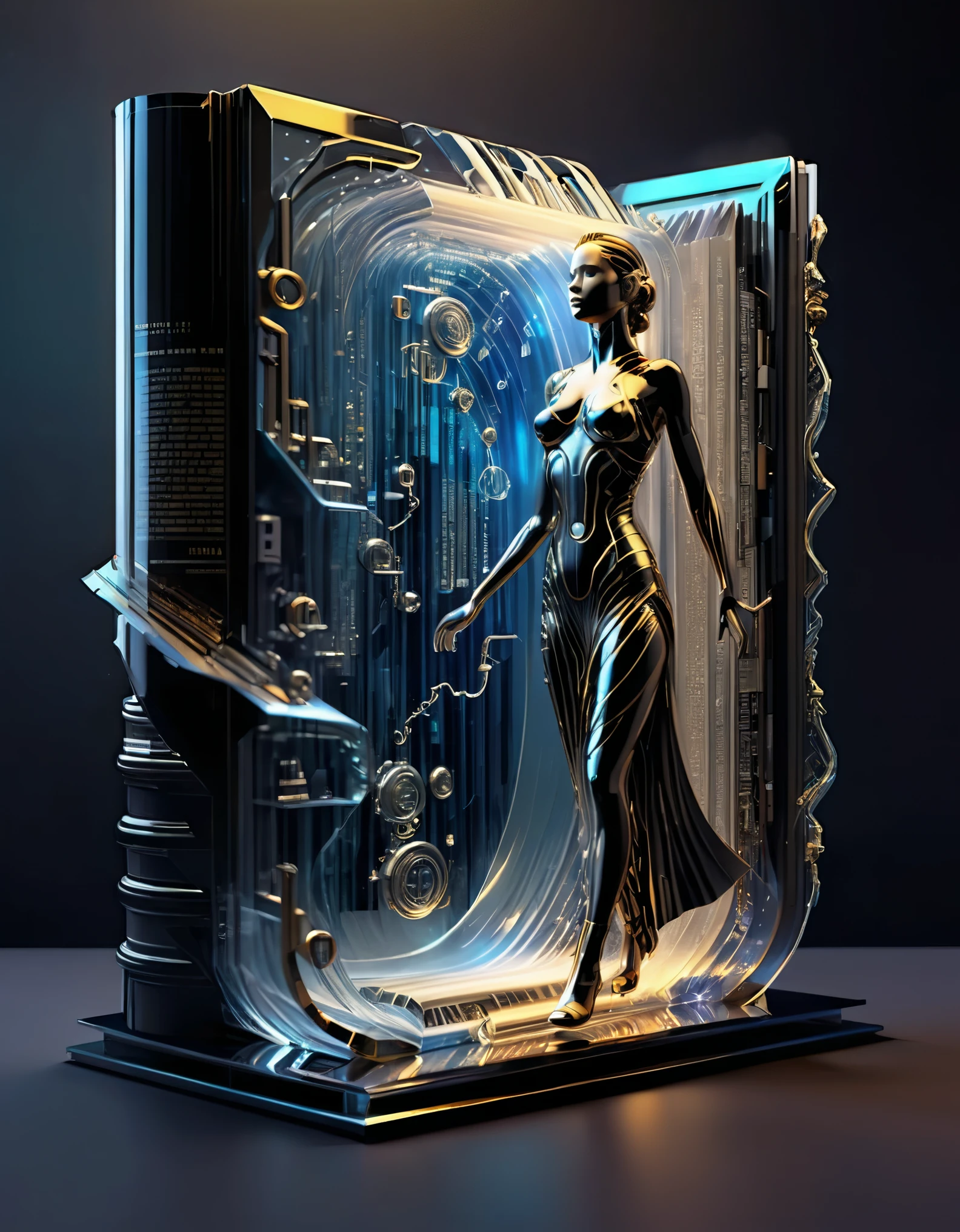 Transparent three-dimensional future magazine design,Photography, macro photography, glass newspaper cover magazines stand with a 3D three-dimensional man,A waterfall of words flashed from his mouth,文字 flat black and white newspaper text, depth of field, DSLR, complex details, studio lighting, 8k, HD, futuristic science fiction magazines, screen magazines, cyberpunk art, 3D book art, background futuristic science fiction world,in style of catalog page design, a dress, full body, beautiful detailed