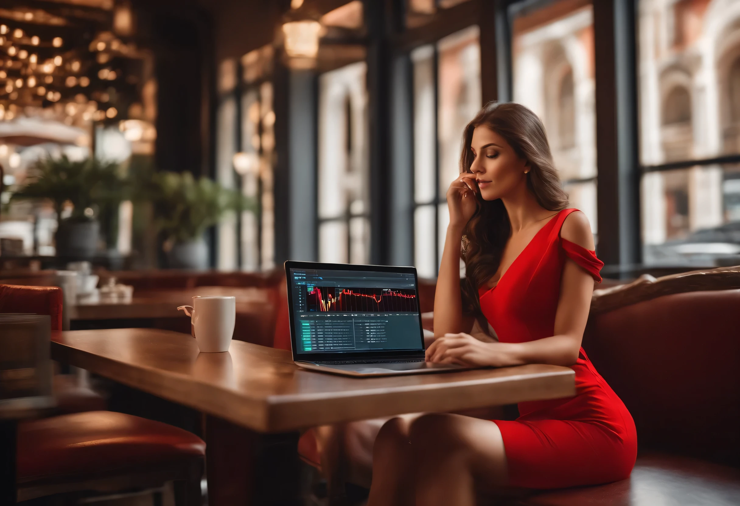 (videorealism:1.2), beautiful woman, sitting on chair in front of desk with computer, on computer see crypto trading, wearing loose off-shoulder crop-top, tanga, long curly hair, indoors, soft lighting, led in background, window with sunlight, sexy room, sexy pose, realistic, intricate details, warm colors