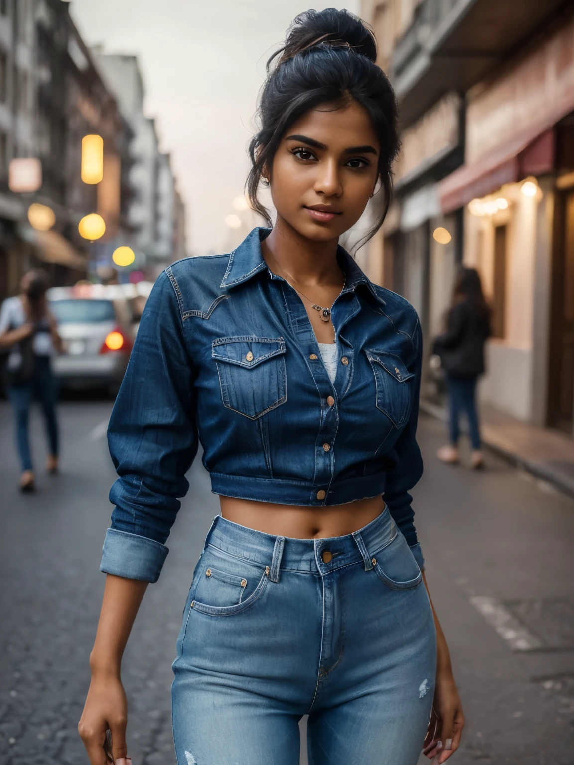 (128K, best quality, masterpiece:1.6, realistic, photorealistic:1.6), hyper detailed, Tamil girl, detailed face, (tight knee length denim), (striped tops), ((night street background)), (stands straight), ((perfect female body, skin dentation)), narrow waist, smirk, (full body), fluffy thighs, sexy legs, wavy ponytail, high quality, photorealistic, incredible detailed skin texture, professional photo