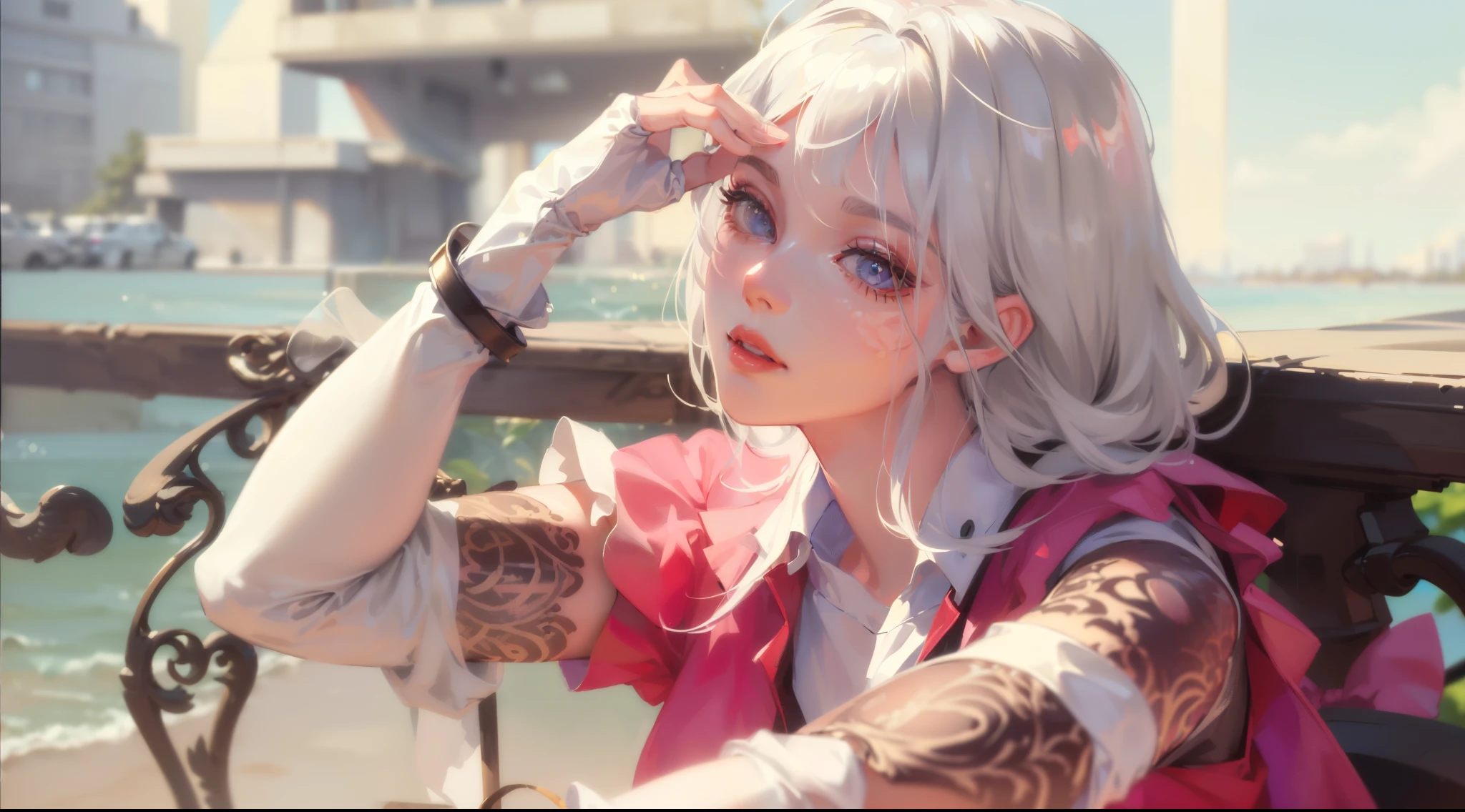 (best quality,4k,8k,highres,masterpiece:1.2),ultra-detailed,realistic:1.37,girl with white hair,beautiful detailed eyes,beautiful detailed lips,extremely detailed eyes and face,long eyelashes,pink shirt,gorgeous tattoos on her hands,shadow covering her face,sunlight shining through leaves