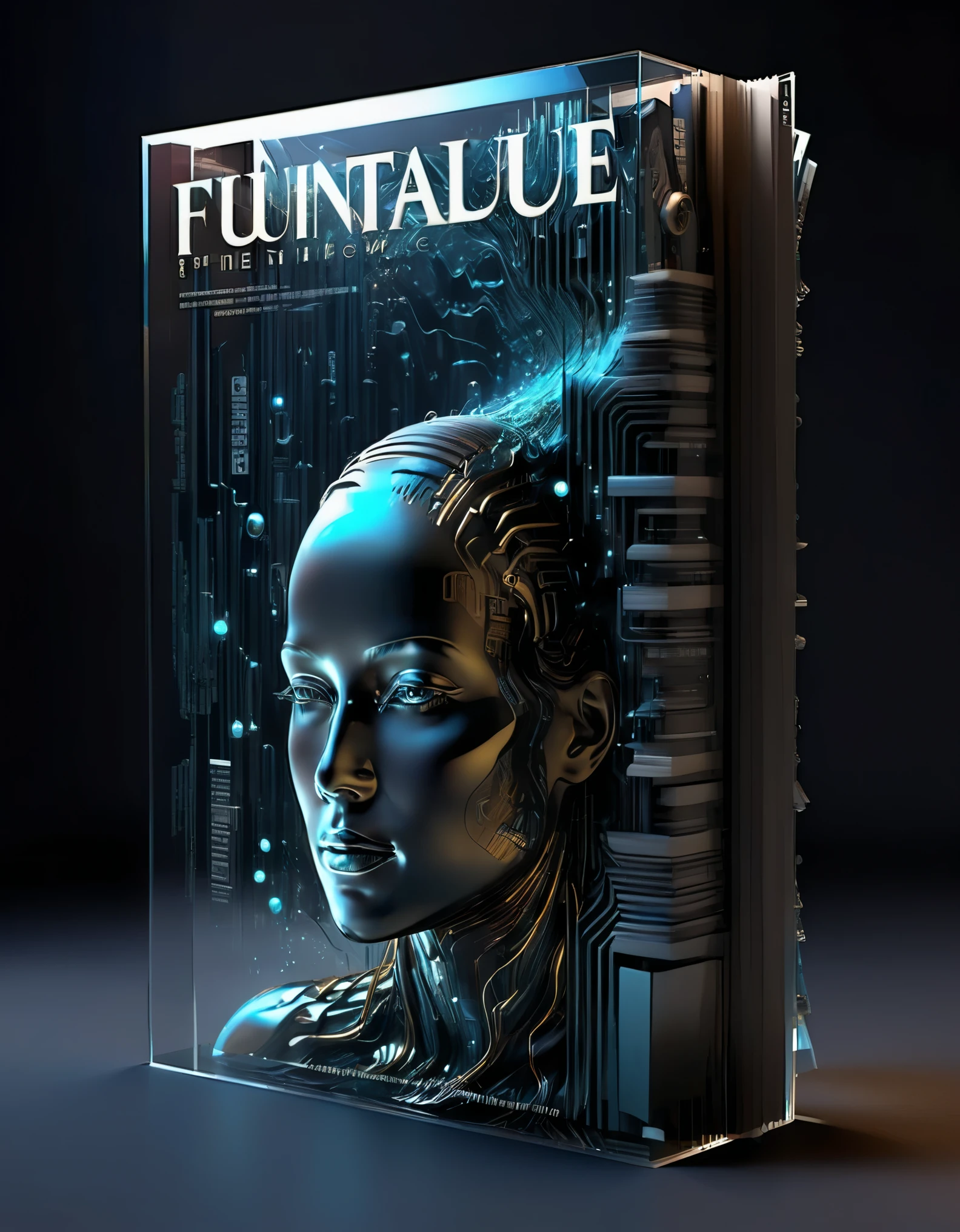 Transparent three-dimensional future magazine design,(A lot of text floating on the cover:0.85)Photography, macro photography, glass newspaper cover magazines stand with a 3D three-dimensional man,A waterfall of words flashed from his mouth,文字 flat black and white newspaper text, depth of field, DSLR, complex details, studio lighting, 8k, HD, futuristic science fiction magazines, screen magazines, cyberpunk art, 3D book art, background: a table in the futuristic science fiction world