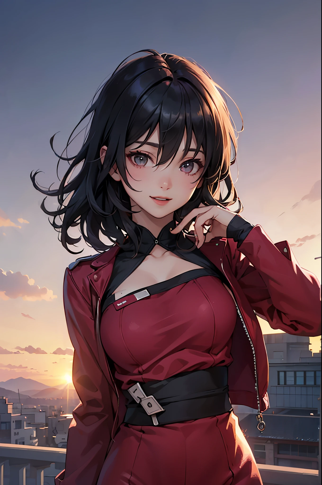 (masterpiece:1.2, highest quality), (realistic, photorealistic:1.4), beautiful illustrations, (natural side lighting, movie lighting), NSFW, looking at the viewer, face focus, Upper body, 1 girl, Japanese, high school girl, perfect face, Cute symmetrical face, shiny skin, (short hair:1.2, messy hair:1.2, black hair), hair between eyes, maroon eyes, slanted eyes, long eyelash, (medium breasts), thin, beautiful hair, beautiful face, detailed and beautiful eyes, beautiful clavicle, beautiful body, beautiful breasts, beautiful thighs, beautiful feet, beautiful fingers, ((fine cloth texture, long sleeve red pilot suit)), (beautiful scenery), , evening, (outdoor), walk, (cute smile, open your mouth),