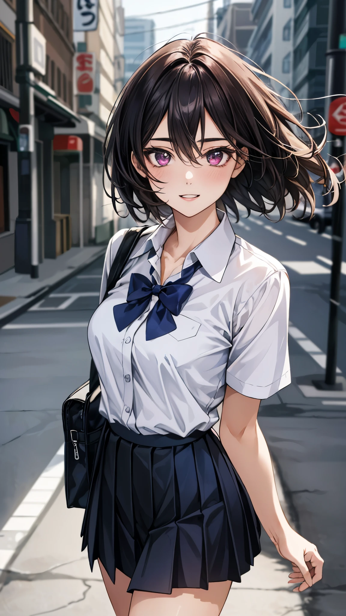 (masterpiece:1.3, top-quality, ultra high res, ultra detailed), (realistic, photorealistic:1.4), beautiful illustration, perfect lighting, colorful, depth of fields,
beautiful detailed hair, beautiful detailed face, beautiful detailed eyes, beautiful clavicle, beautiful body, beautiful chest, beautiful thigh, beautiful legs, beautiful fingers,
looking at viewer, front view:0.6, 1 girl, japanese, high school girl, perfect face, (perfect anatomy, anatomically correct), cute and symmetrical face, babyface, , shiny skin,
(middle hair:1.2, two side up:1.2, dark violet hair), hair between eyes, dark violet eyes, long eye lasher, (medium breasts), slender,
((short sleeve collared white shirt, steel blue pleated skirt)), dark red bow tie, piercing, navy school bag,
(beautiful scenery), evening, (street, cityscape in the distance), walking, arms behind back, (happy smile, parted lips),