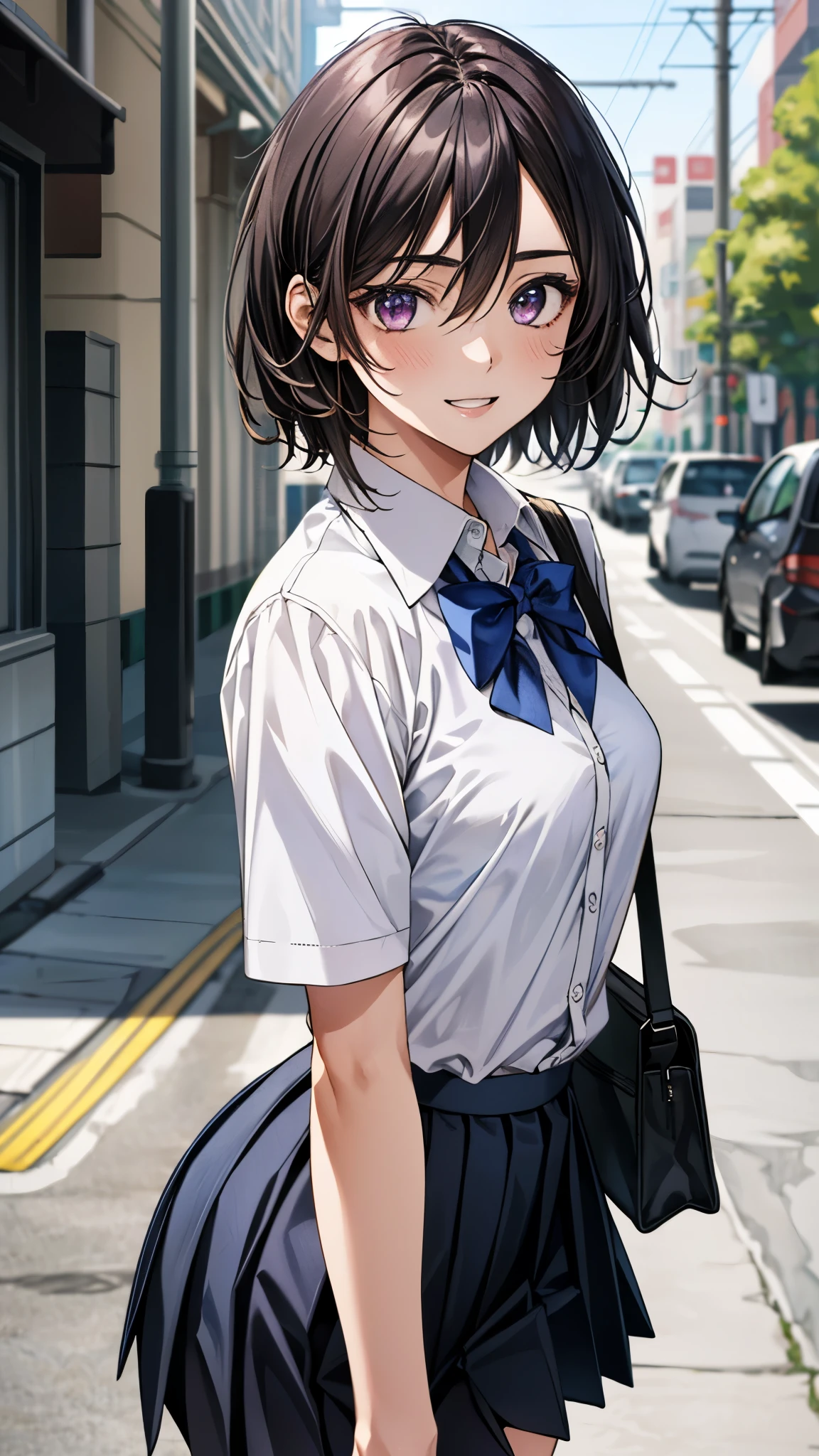 (masterpiece:1.3, top-quality, ultra high res, ultra detailed), (realistic, photorealistic:1.4), beautiful illustration, perfect lighting, colorful, depth of fields,
beautiful detailed hair, beautiful detailed face, beautiful detailed eyes, beautiful clavicle, beautiful body, beautiful chest, beautiful thigh, beautiful legs, beautiful fingers,
looking at viewer, front view:0.6, 1 girl, japanese, high school girl, perfect face, (perfect anatomy, anatomically correct), cute and symmetrical face, babyface, , shiny skin,
(middle hair:1.2, two side up:1.2, dark violet hair), hair between eyes, dark violet eyes, long eye lasher, (medium breasts), slender,
((short sleeve collared white shirt, steel blue pleated skirt)), dark red bow tie, piercing, navy school bag,
(beautiful scenery), evening, (street, cityscape in the distance), walking, arms behind back, (happy smile, parted lips),