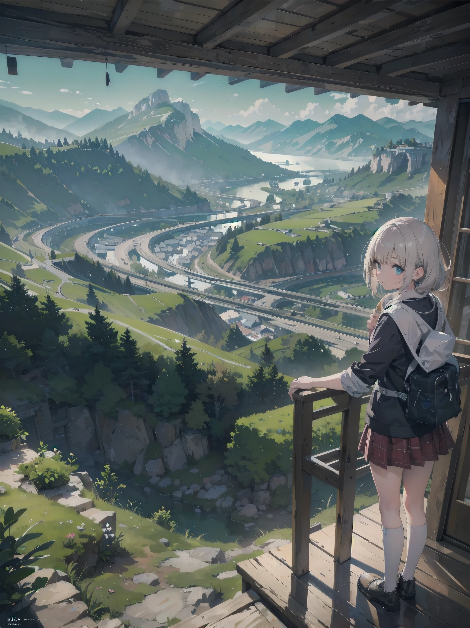 Super detailed illustrations , finely, quality, (masterpiece:1.2) , (photo realistic:1.2) , (best quality) , (fine skin:1.3) , (intricate details) , ray tracing, dramatic, pretty girl, A brave traveler was navigating a winding mountain road., She marveled at the breathtaking views of the valley below..