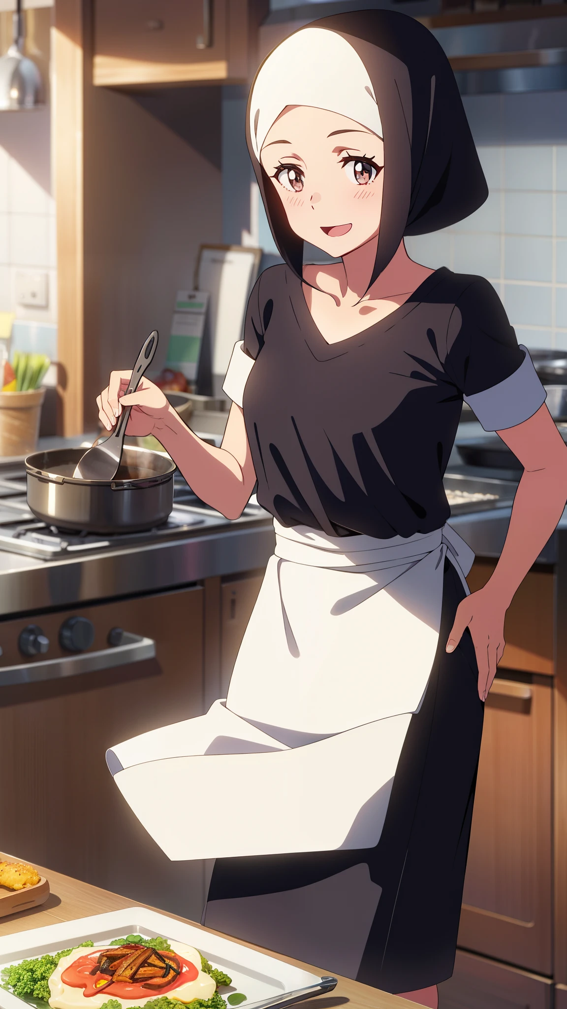 shinkai makoto, kimi no na wa., 1girl, bangs, black hair, short hair, ((wearing islamic hijab)), blush, bright eyes, brown eyes, chef outfit, looking at the viewer, smile, cute, solo, open mouth, white shirt, collarbone, black skirt, short sleeves, stove, frying pan, kitchen, cooking, restaurant, indoors, foods