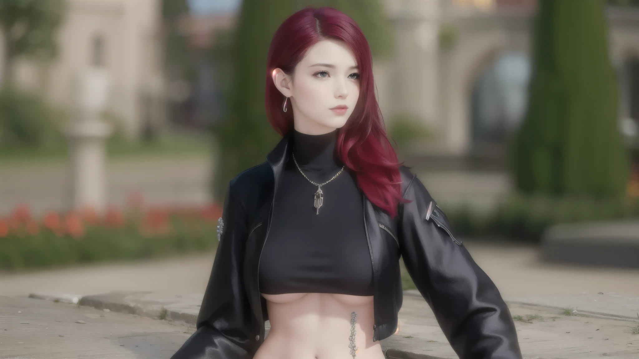il y a une femme aux cheveux rouges assise sur un banc de pierre, Tifa Lockhart aux cheveux blancs, jeu de style square enix, 8,000 character details, fille gothique coréenne cruelle, personnage en gros plan, style anime 3D réaliste, female character, personnage du roi des combattants, Photorealistic rendering of'une fille animée, Bokeh allemand d'art 8k, very detailed character