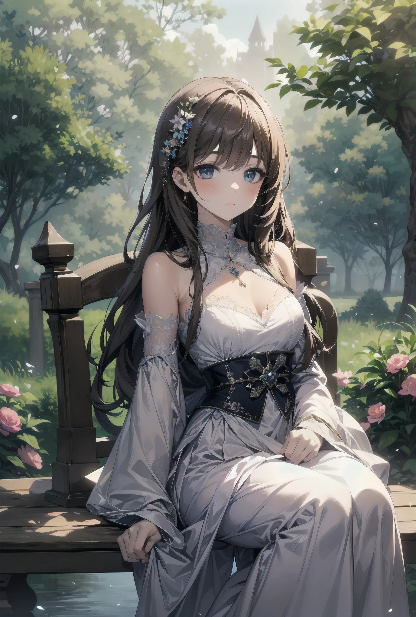Brown-haired princess，
Works of masters，8K分辨率，depth of fields，Faraway view，Full body shot，Full Body Photo，(exquisite facial features)，s the perfect face，Glowing skin，Mature beautiful girl，20yr old，Black pupils，Long brown hair，Loose hair，tiara crown，mideum breasts，c cup，exposed bare shoulders，Black low-cut dress，Lace-trimmed skirt，Wear flowers，Ruby necklace，borgar，trpical garden，in the early morning，rays of sunshine