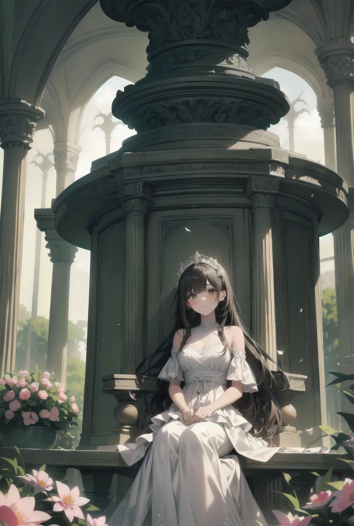 "Bathed in the soft glow of luminescent flowers, a young girl wearing a voluminous white gown adorned with layers of frilly lace sits on a marble bench in a serene garden. The air is filled with tiny, glowing orbs that reflect off the petals of the flowers and the fabric of her dress, giving the impression of a dreamlike fairytale setting. A sense of tranquility permeates the scene, emphasizing the peaceful nature of this celestial paradise."
