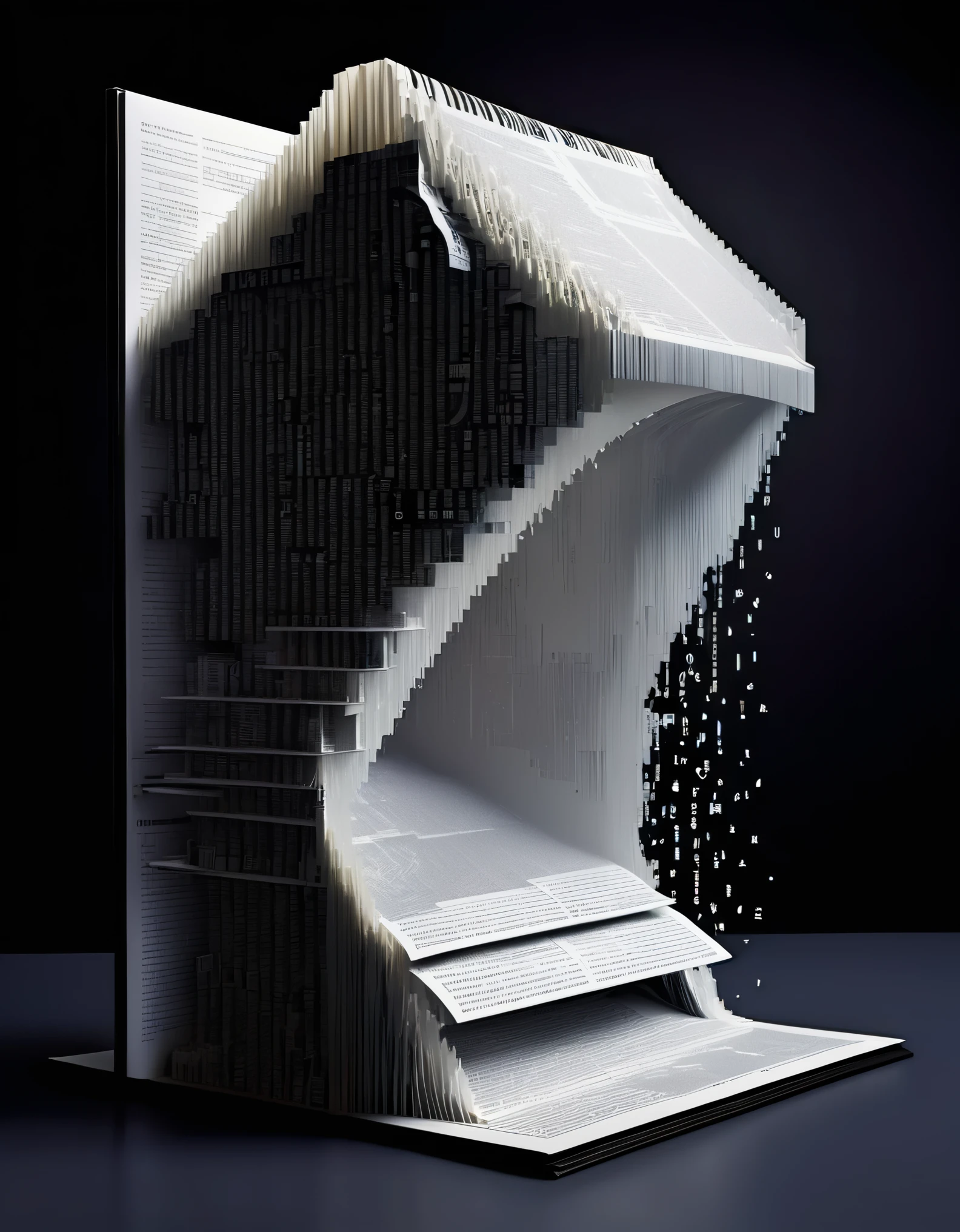 in style of pop-up book design, in style of ASCII art, vehicle, beautiful detailed，(cover magazine）words words flow out，Photography, macro photography, glass newspaper cover magazines stand with a 3D three-dimensional man,A waterfall of words flashed from his mouth，文字 flat black and white newspaper text, depth of field, DSLR, complex details, studio lighting, 8k, HD, futuristic science fiction magazines, screen magazines, cyberpunk art, 3D book art, background: a table in the futuristic science fiction world，