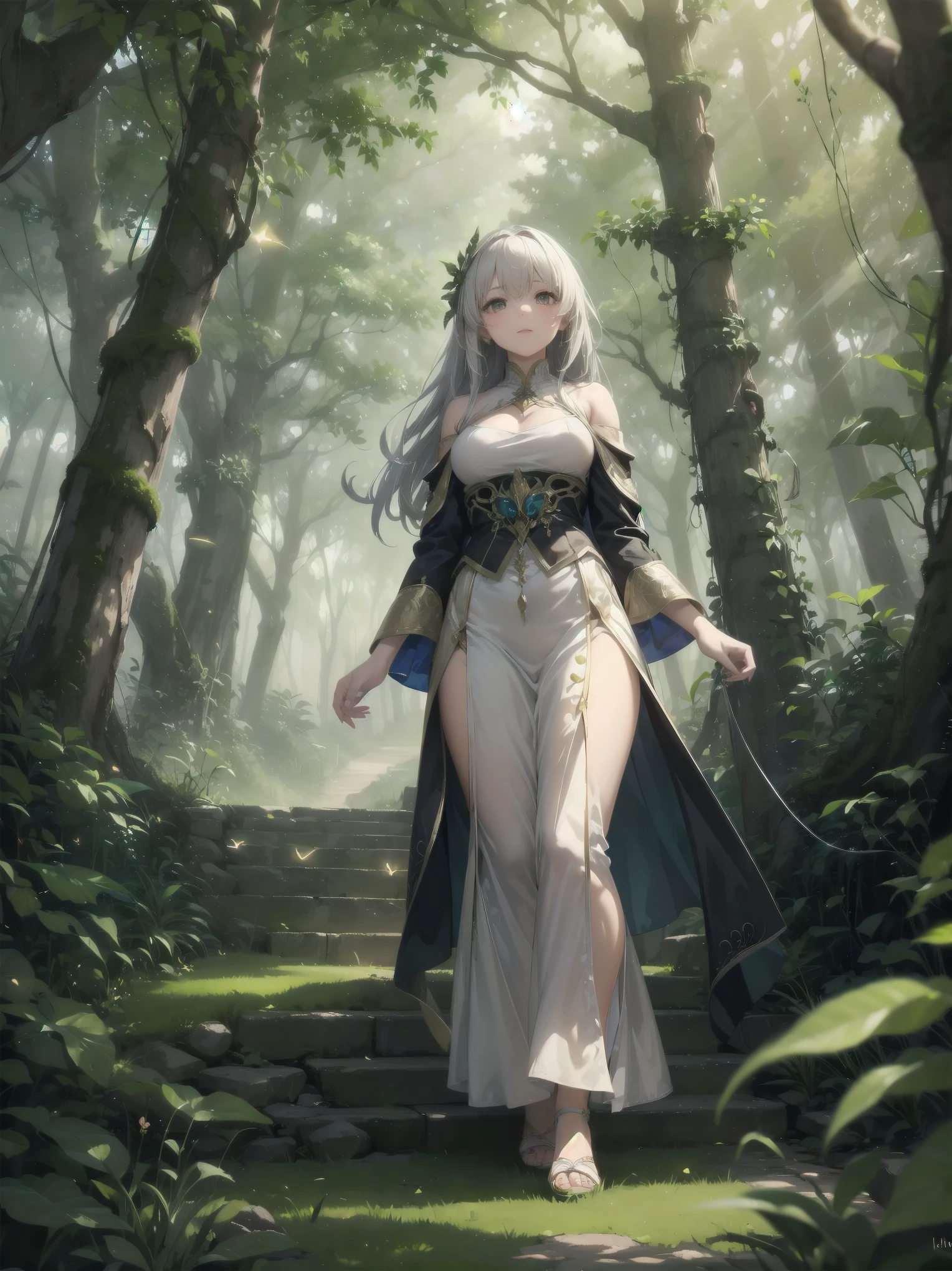 "In a world where the heavens are ruled by a benevolent deity, a young girl dressed in a regal gown made of shimmering silk and delicate lace finds herself wandering through a forest of silver trees. The canopy above glows with bioluminescent flora, casting ethereal light onto the mossy floor below. As she walks, she disturbs a group of fireflies that take flight, illuminating her path with their warm, golden glow."