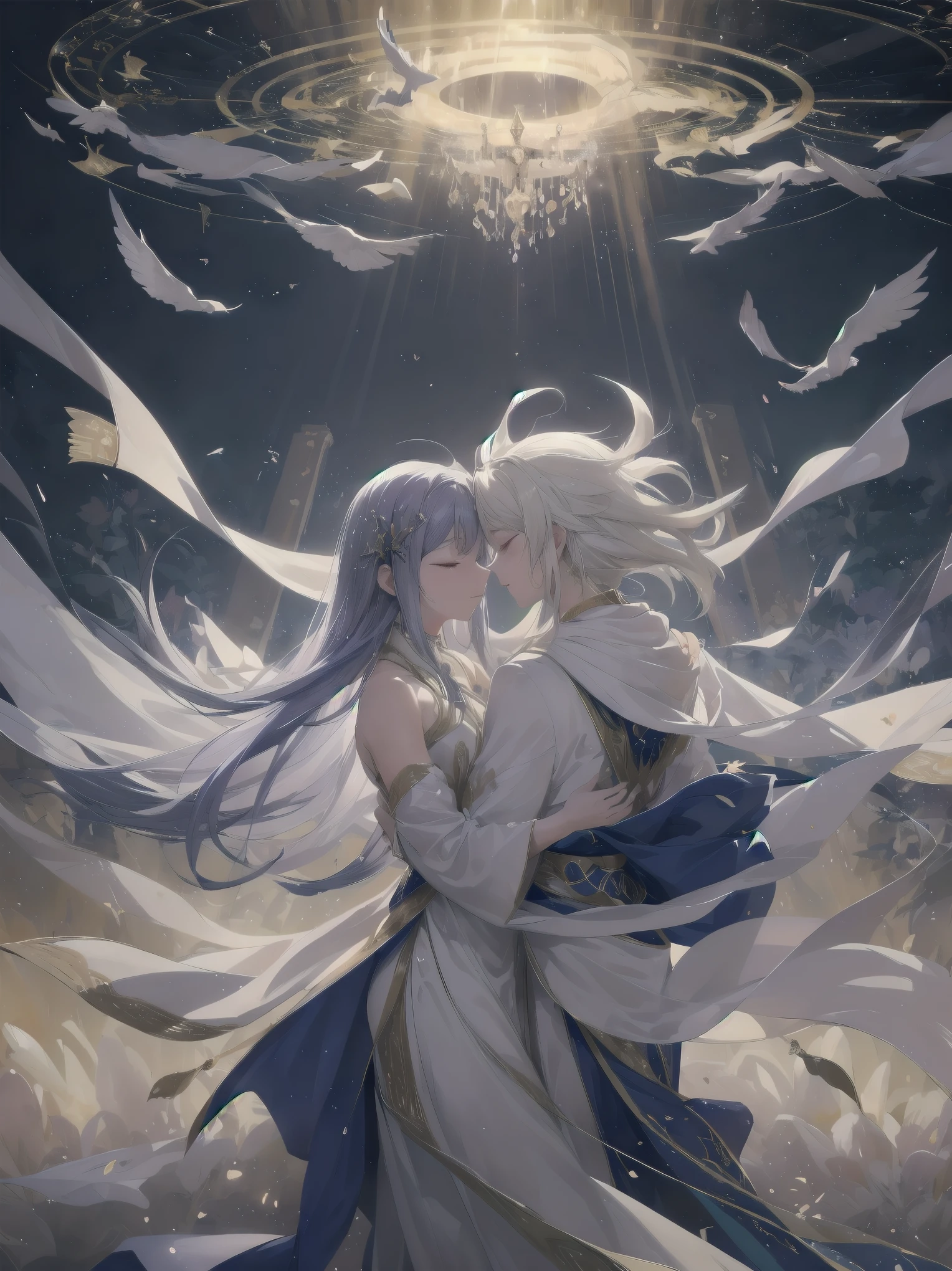 In this world, the inhabitants are all dressed in flowing, elegant robes that seem to shimmer and shine in the light. They move about with grace and precision, their movements seemingly choreographed to the rhythm of the celestial music that fills the air. The atmosphere is one of peace and tranquility, as if all worries and cares have been left behind in the mortal realm.