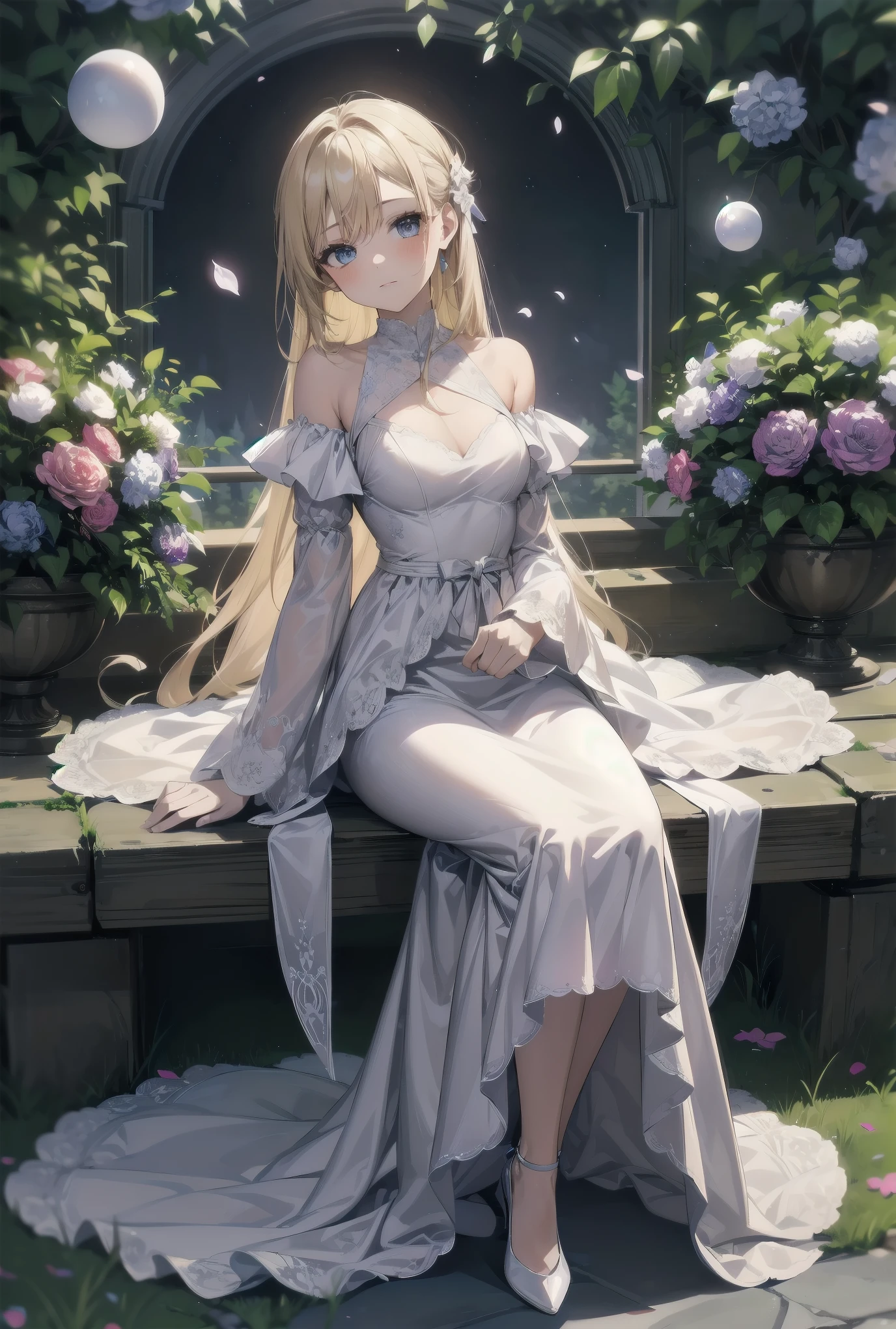 "Bathed in the soft glow of luminescent flowers, a young girl wearing a voluminous white gown adorned with layers of frilly lace sits on a marble bench in a serene garden. The air is filled with tiny, glowing orbs that reflect off the petals of the flowers and the fabric of her dress, giving the impression of a dreamlike fairytale setting. A sense of tranquility permeates the scene, emphasizing the peaceful nature of this celestial paradise."