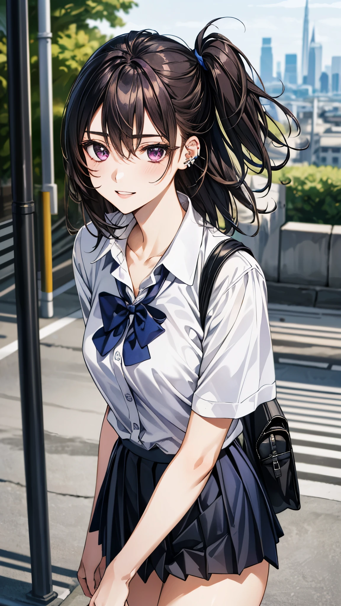 (masterpiece:1.3, top-quality, ultra high res, ultra detailed), (realistic, photorealistic:1.4), beautiful illustration, perfect lighting, colorful, depth of fields,
beautiful detailed hair, beautiful detailed face, beautiful detailed eyes, beautiful clavicle, beautiful body, beautiful chest, beautiful thigh, beautiful legs, beautiful fingers,
looking at viewer, front view:0.6, 1 girl, japanese, high school girl, perfect face, (perfect anatomy, anatomically correct), cute and symmetrical face, face, , shiny skin,
(middle hair:1.2, (two side up:1.2), dark violet hair), hair between eyes, dark violet eyes, long eye lasher, (medium breasts), slender,
((short sleeve collared white shirt, steel blue pleated skirt)), dark red bow tie, piercing, navy school bag,
(beautiful scenery), evening, (street, cityscape in the distance), walking, arms behind back, (happy smile, parted lips),