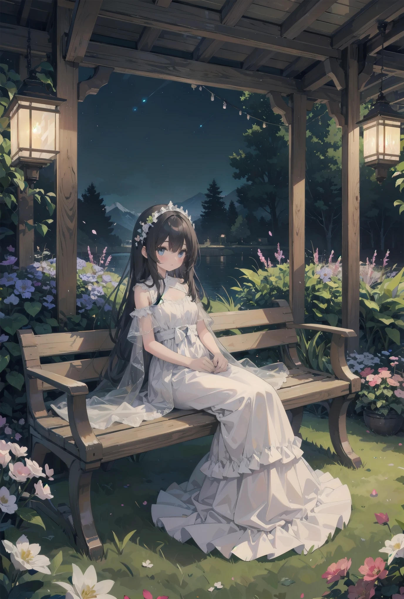 "Bathed in the soft glow of luminescent flowers, a young girl wearing a voluminous white gown adorned with layers of frilly lace sits on a marble bench in a serene garden. The air is filled with tiny, glowing orbs that reflect off the petals of the flowers and the fabric of her dress, giving the impression of a dreamlike fairytale setting. A sense of tranquility permeates the scene, emphasizing the peaceful nature of this celestial paradise."