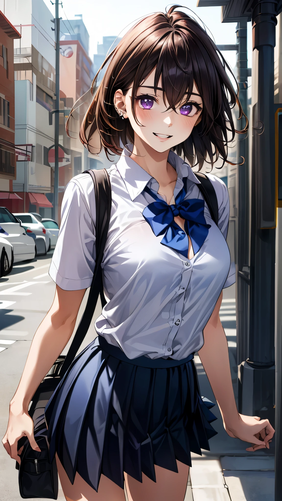 (masterpiece:1.3, top-quality, ultra high res, ultra detailed), (realistic, photorealistic:1.4), beautiful illustration, perfect lighting, colorful, depth of fields,
beautiful detailed hair, beautiful detailed face, beautiful detailed eyes, beautiful clavicle, beautiful body, beautiful chest, beautiful thigh, beautiful legs, beautiful fingers,
looking at viewer, front view:0.6, 1 girl, japanese, high school girl, perfect face, (perfect anatomy, anatomically correct), cute and symmetrical face, face, , shiny skin,
(middle hair:1.2, (two side up:1.2), dark violet hair), hair between eyes, dark violet eyes, long eye lasher, (medium breasts), slender,
((short sleeve collared white shirt, steel blue pleated skirt)), dark red bow tie, piercing, navy school bag,
(beautiful scenery), evening, (street, cityscape in the distance), walking, arms behind back, (happy smile, parted lips),