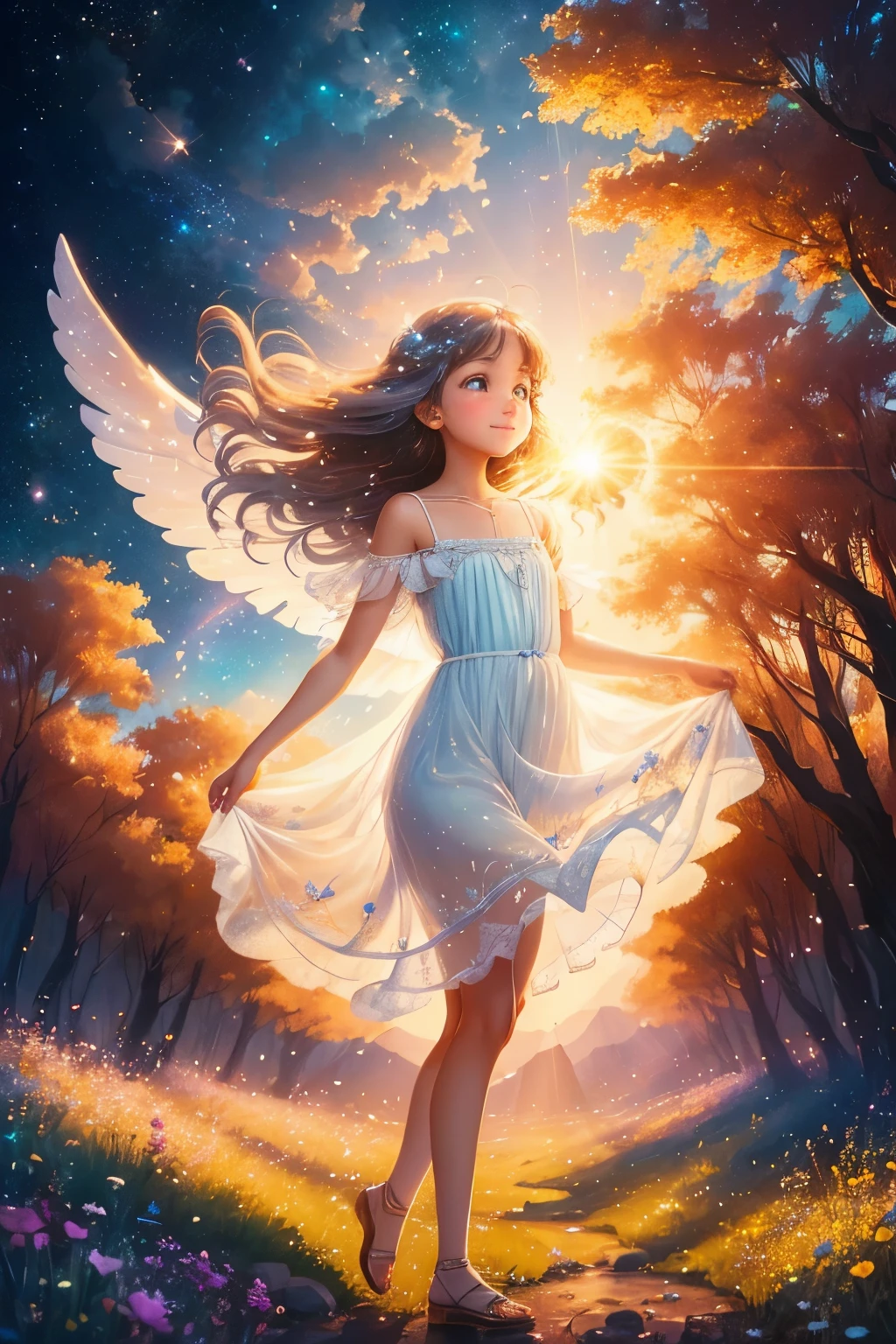 Picture a young girl with delicate wings, shimmering like gossamer, spread wide behind her. Her frame is adorned in a flowy, diaphanous dress that catches the wind as she soars through the sky, leaving a trail of stardust in her wake. Her face is the picture of innocent joy, her eyes sparkling with wonder and excitement. The sun casts its golden rays upon her, bathing her in a celestial glow that makes her appear as if she's been plucked straight from a dream. The scenery below reveals a lush, colorful landscape, dotted with wildflowers and vibrant trees as far as the eye can see.