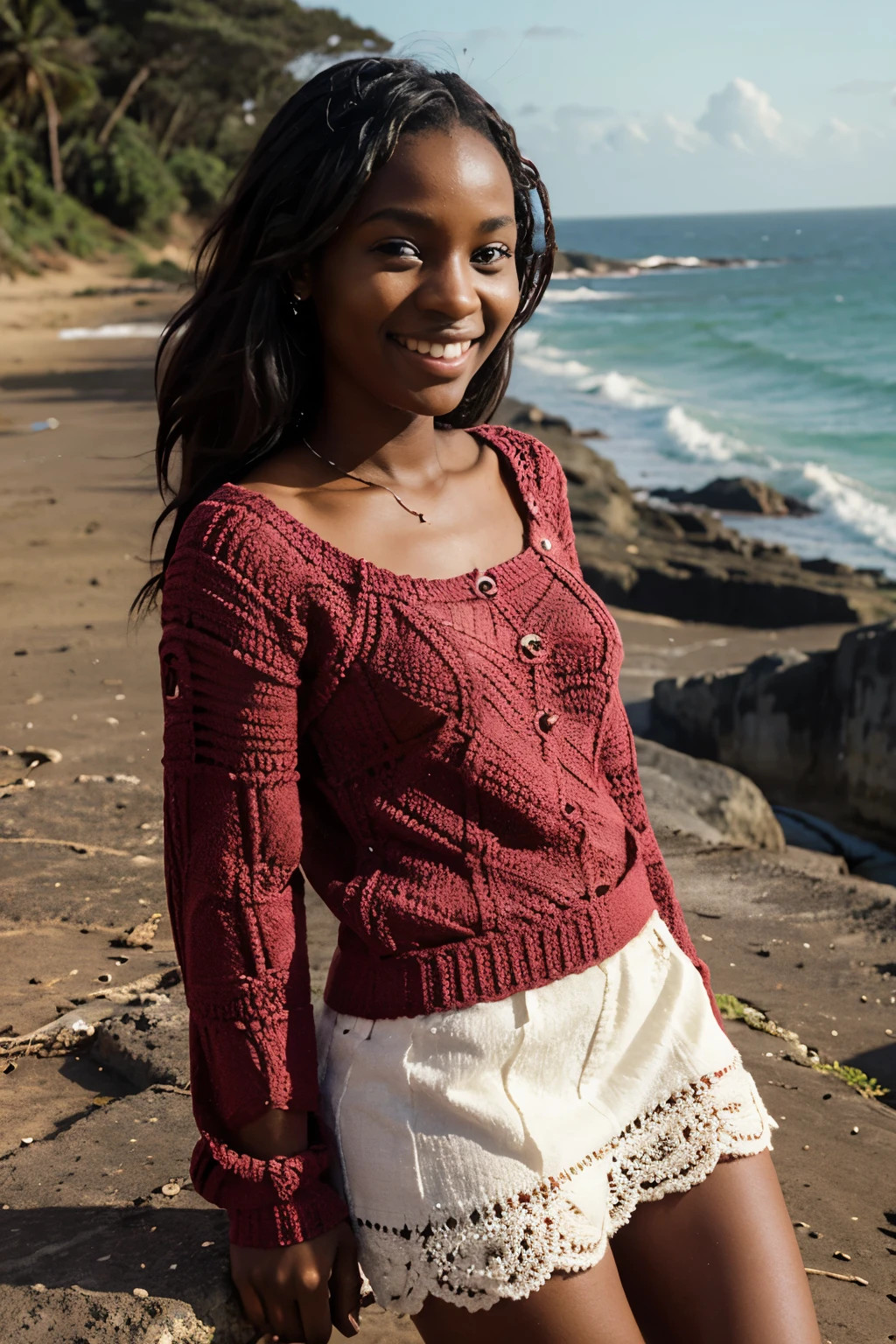 5 images of kenyan youth 23 year old lady with in crochet clothes, along the coast, smiling