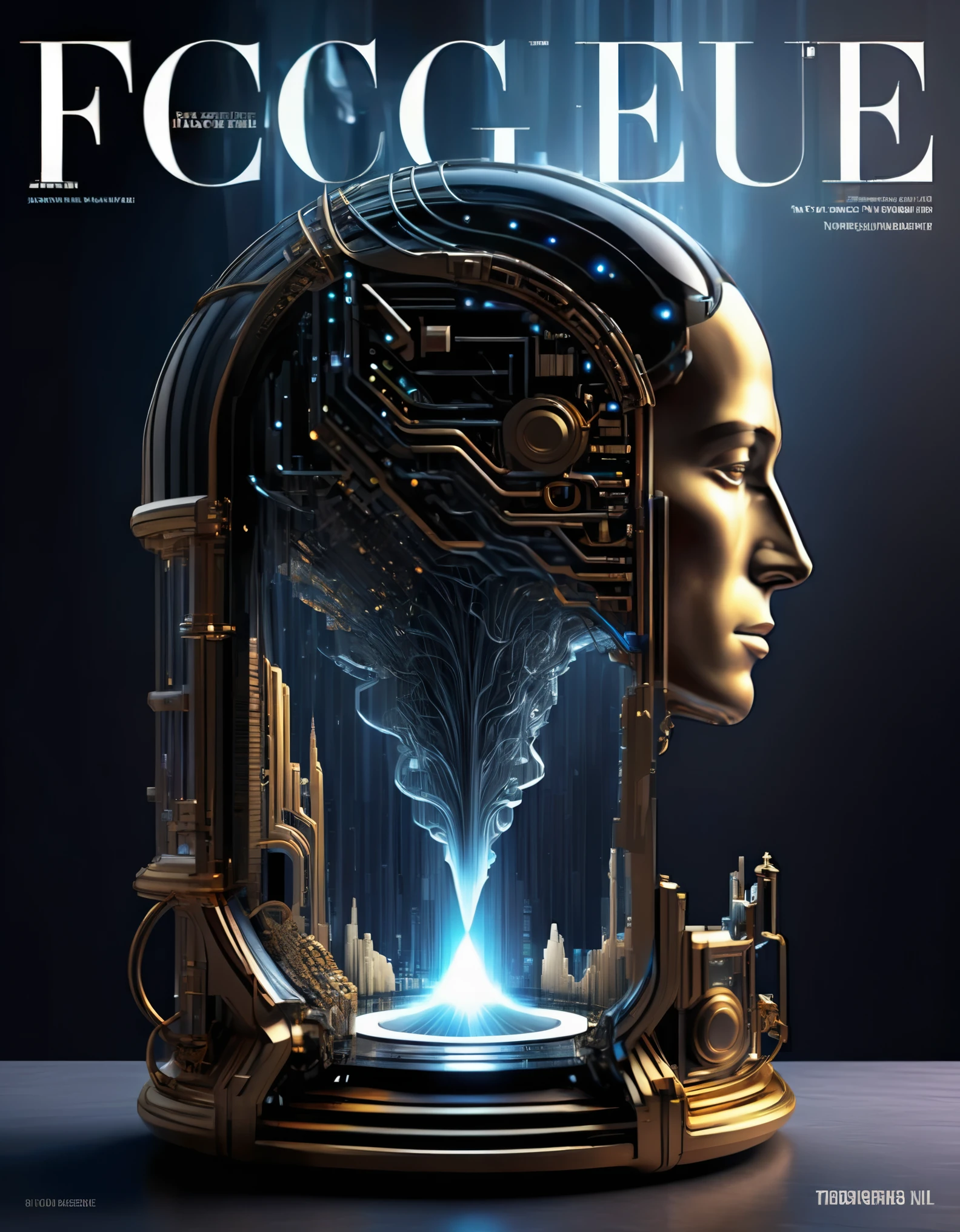 Magazine cover design, glass newspaper cover magazines stand with a 3D three-dimensional man,A waterfall of words flashed from his mouth,文字 flat black and white newspaper text, depth of field, DSLR, complex details, studio lighting, 8k, HD, futuristic science fiction magazines, screen magazines, cyberpunk art, 3D book art, background: a table in the futuristic science fiction world,Photography, macro photography,