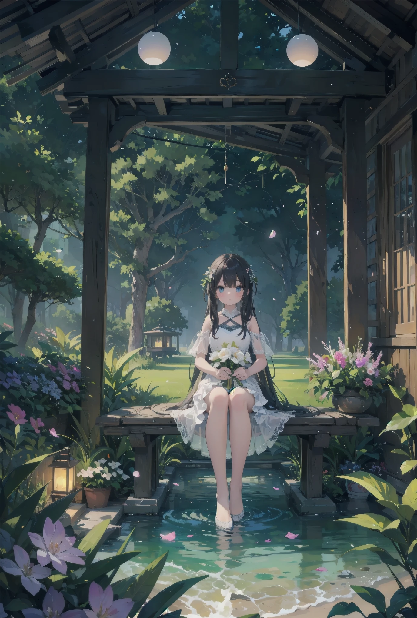 "Bathed in the soft glow of luminescent flowers, a young girl wearing a voluminous white gown adorned with layers of frilly lace sits on a marble bench in a serene garden. The air is filled with tiny, glowing orbs that reflect off the petals of the flowers and the fabric of her dress, giving the impression of a dreamlike fairytale setting. A sense of tranquility permeates the scene, emphasizing the peaceful nature of this celestial paradise."