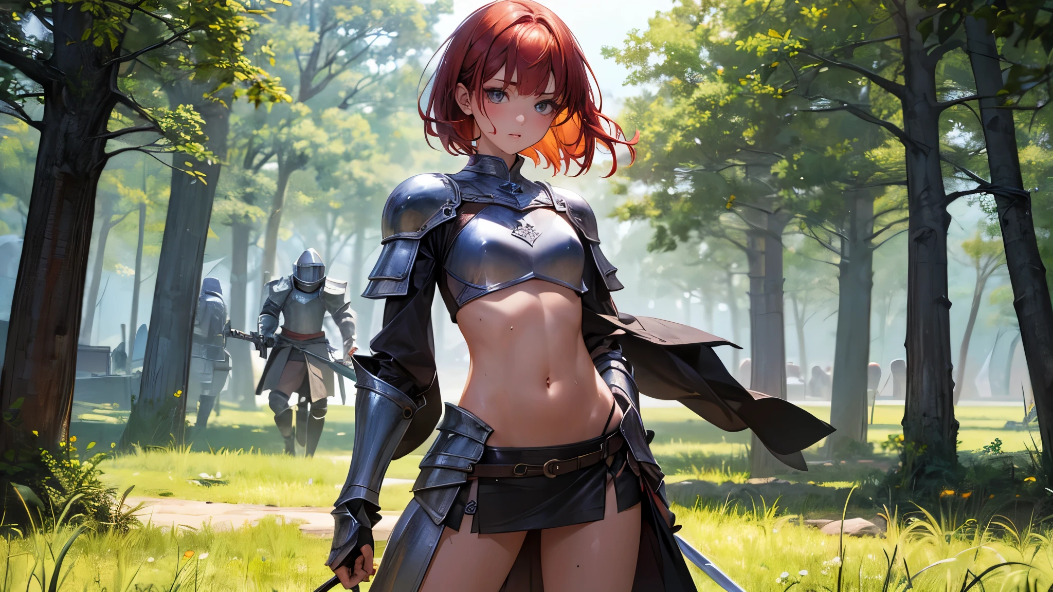 ((perfect anatomy:1.2,realistic,:1.3,RAW Photography:1.3,masterpiece、highest quality、Ultra - High resolution、High resolution、Highly detailed CG、8K)),nsfw,upper body,1 female,alone,20-year-old,beauty of japan,beautiful detailed face and eyes,big and gorgeous eyes,gray eyes,(red hair,short bob hair,bangs), (slender body,small head:1.4, skinny、small breasts), glowing skin,oily skin,sweat,(fantasy clothing,silver armor,crop top,navel、Black micro mini skirt,female knight)、((hold a sword in hand:1.3,fight with sword)),action pose,fantasy,world of swords and magic、grassland、Wars of the Middle Ages、A large number of knights are fighting in the background、medieval europe、natural sunlight、