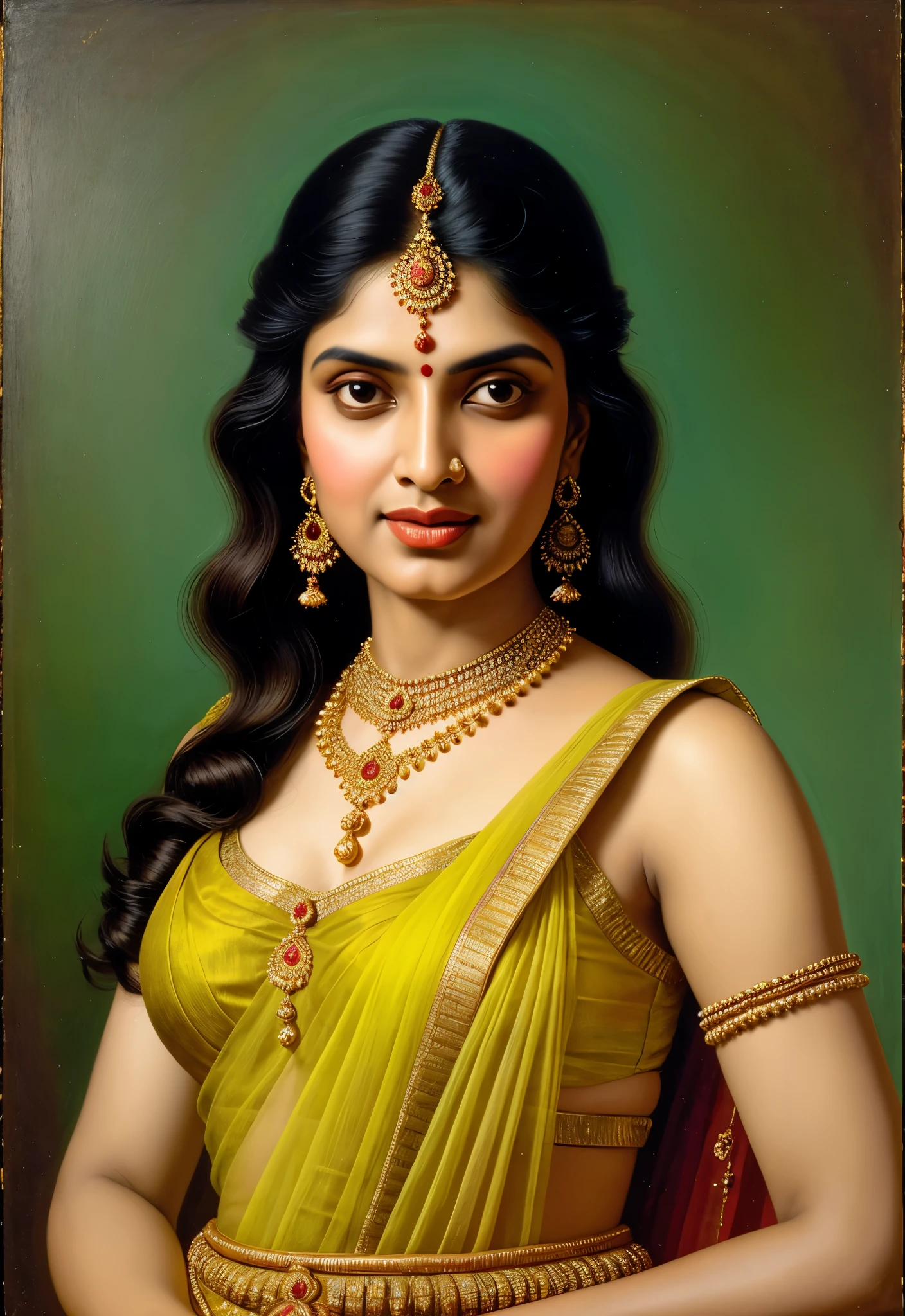 painting of a woman in a sari with a necklace and earrings, inspired by Raja Ravi Varma, szukalski ravi varma, portrait of a beautiful goddess, by Raja Ravi Varma, indian goddess, traditional beauty, a stunning portrait of a goddess, inspired by T. K. Padmini, indian art, indian goddess of wealth, portrait of a goddess