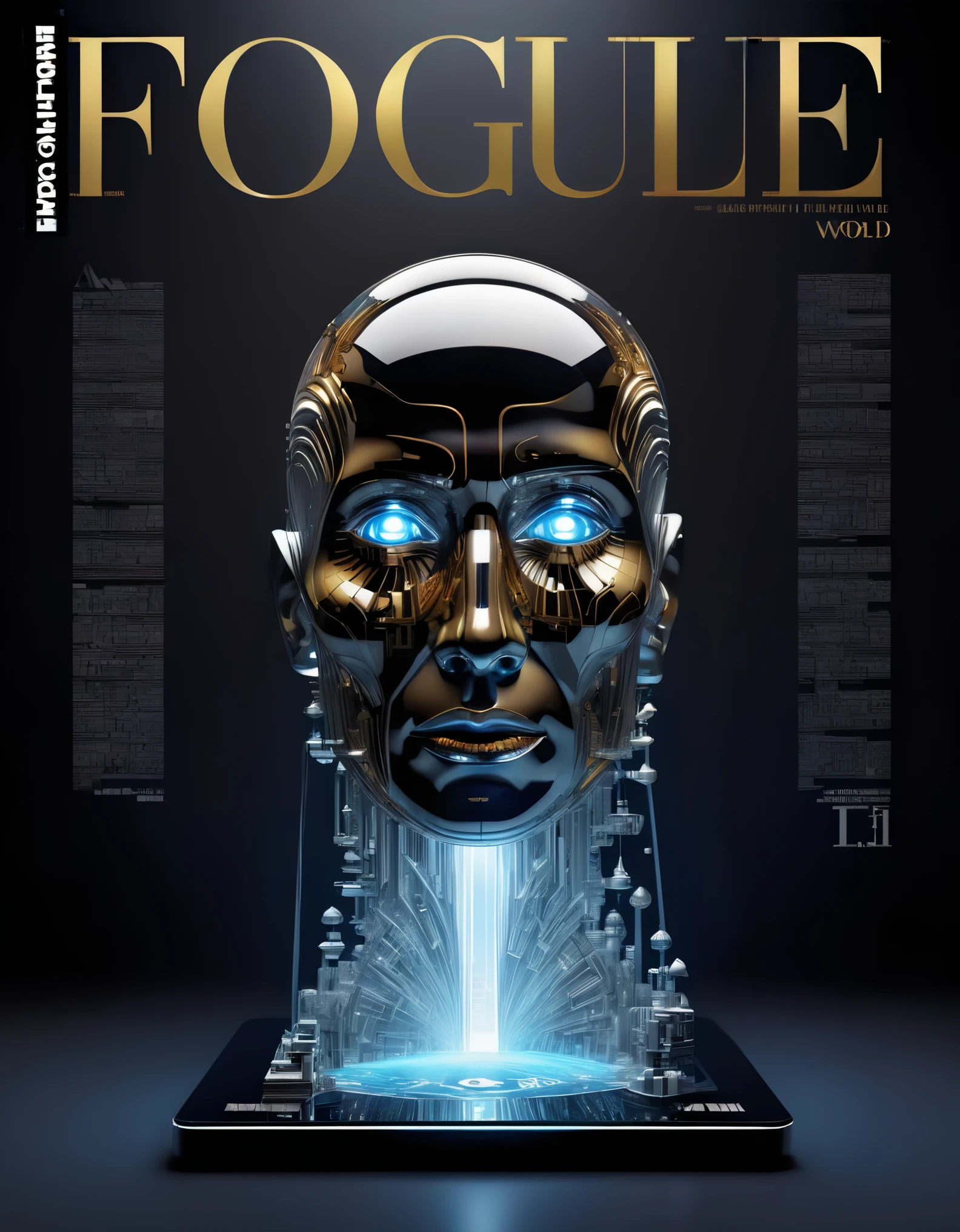 sexy female cyborg, magazine cover, poster art , Lovecraftian horror genre, hint of vibrant, bold huge text, matted design layout.