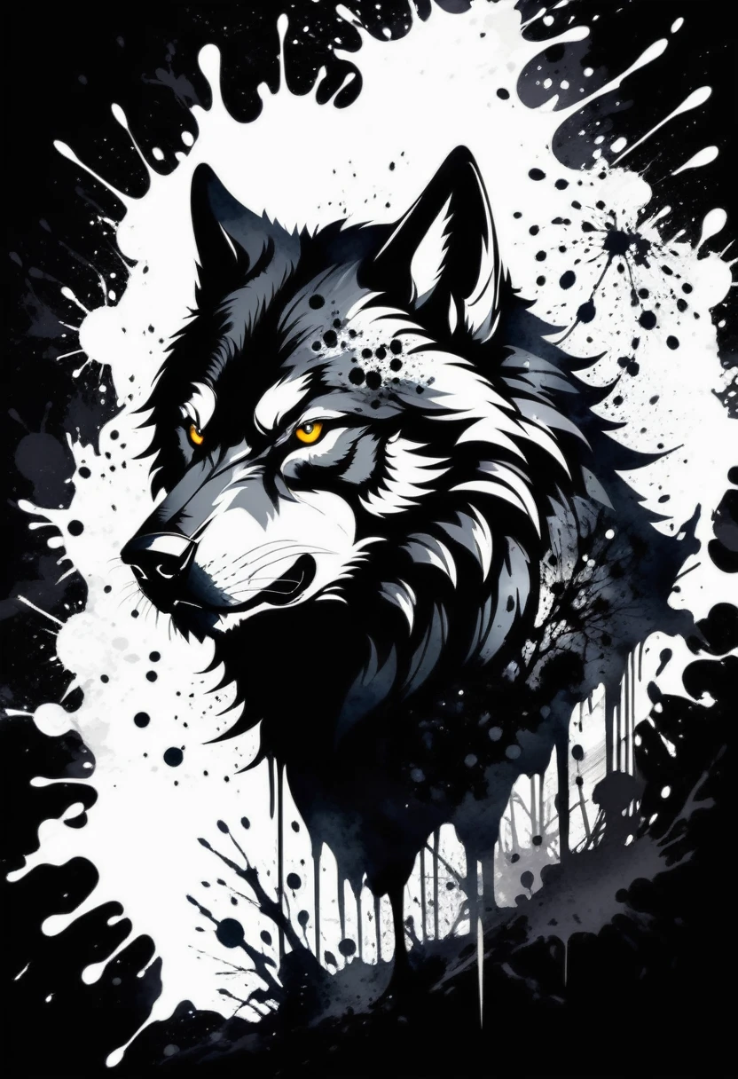 (((Dark fantasy ink splatter art:1.3))), Men Warewolf, Chaotic black strokes ink splatters, Intricate details, shadow of creature from another world, Insane beauty, Precise brushwork, amazing details, pure shine, Ink splatter coating for spooky atmosphere,