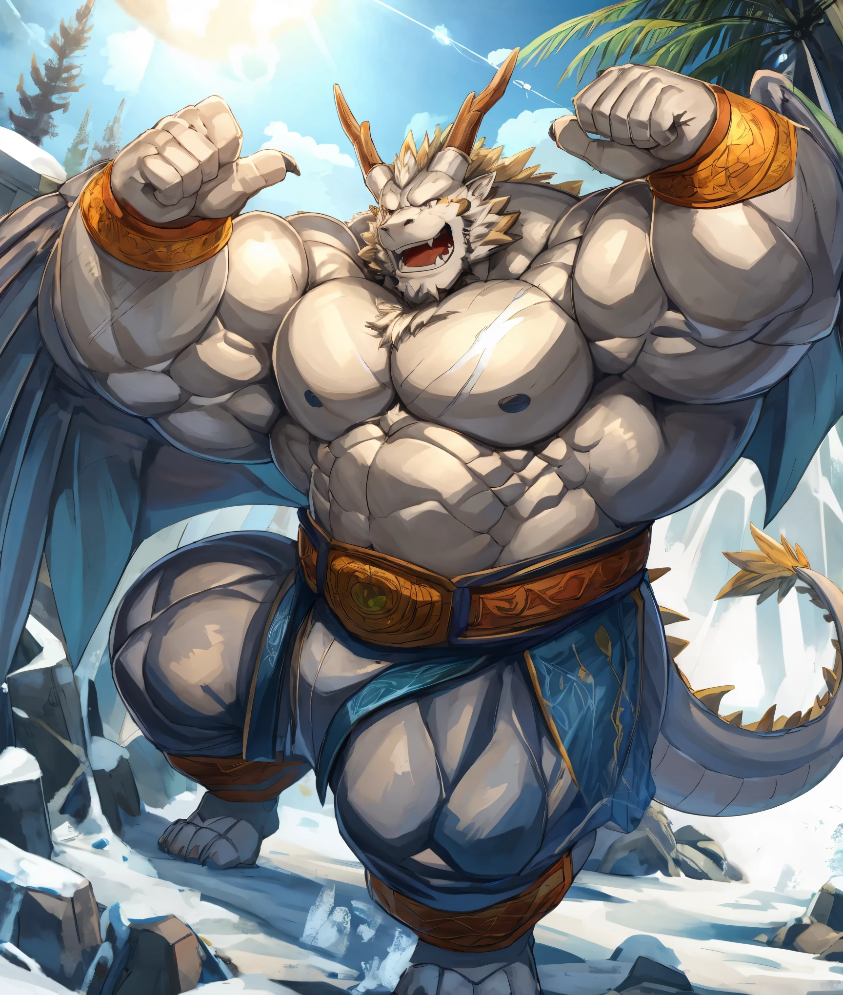 

A white dragon orc，Burly figure，muscular，Like a born strongman。His skin appears healthy white，Muscle and fat intertwined，Creates a unique skin texture，Full and powerful。

His arms are as solid as iron pillars，Well defined muscles，It seems to contain infinite power。Palms are generous，Sharp fingers and claws，Showing his wildness and might。

His chest is broad，Muscle bulge，As if it can withstand all impacts。The abs are well lined，Full sense of strength in the waist，like an indestructible mountain。

His legs are muscular，As if able to overcome any obstacle。Calf muscle lines are smooth，Full of power，Appear strong and agile。

A pair of huge dragon wings behind him，The feathers are as white as snow，Wing membranes strong and powerful，Muscle and fat contrast each other，Forming a unique sense of beauty。The dragon&#39;s tail on the back is thick and powerful，The scales on the tip of the tail shone with a cold light，Showing his majesty and mystery。

The whole picture is dominated by cold colors，Emphasize the strength and majesty of the white dragon orcs。In the treatment of light and shadow，Let the soft sunshine shine on him，Make his muscles more three-dimensional and vivid。at the same time，Pay attention to portraying his facial expressions and eyes，Showing his perseverance and courage，Like an invincible strongman。